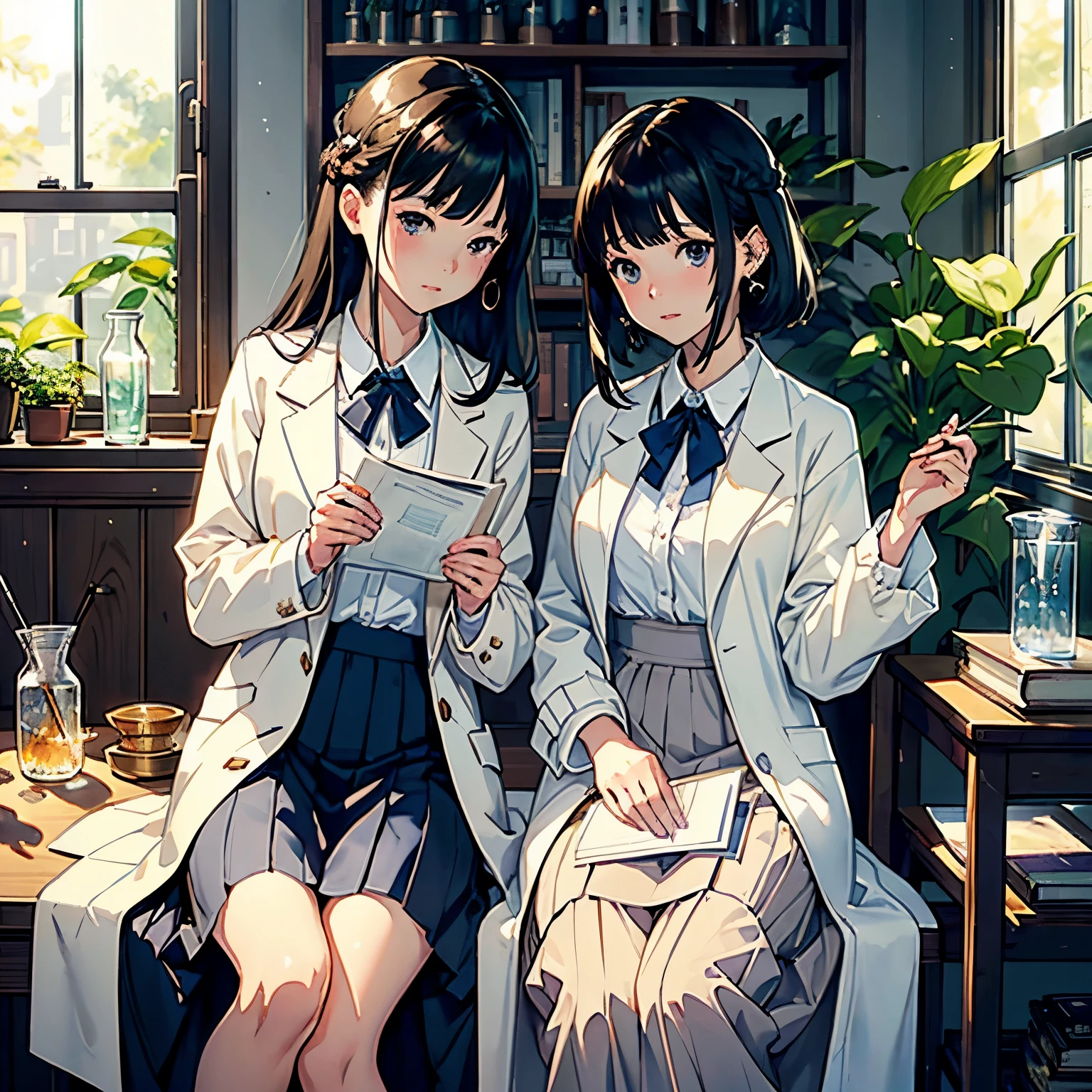(highest quality、masterpiece、High resolution)、(Sargent style watercolor)、(anime art)、soft light、((two women))、((The two are talking while holding documents))、、18-year-old、medium short hair、black hair、dark brown hair、braided hair、small breasts、uniform、(long skirt)、((wearing a white coat))、白いブラウスとlong skirt、Institute of Earth Sciences、鉱物標Book、Book、Laboratory instrument、test tube、beaker、flask、Alcohol lamp、Labware、table、Tea set、Floral、window、Foliage plant、 blur the background、