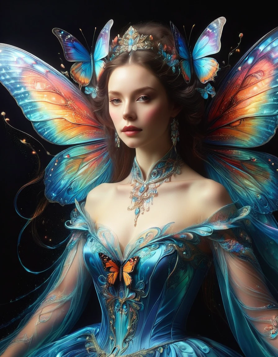 Create a surreal portrait of a woman with butterfly wings. Her presentation should be dreamlike and ethereal, with the vibrant, outlandish colors and improbable, distortion-filled artistry characteristic of Surrealism, a movement prevalent in the early 20th century. Think of the intricacy and strangeness often associated with visual illusions. Let her gown flow in an eerily graceful manner. This portrait should be captured as if viewed through a macro lens, accentuating each fine line and elaborate detail. Though it is a fantasy-inspired piece, the realism in the details should not be compromised.
