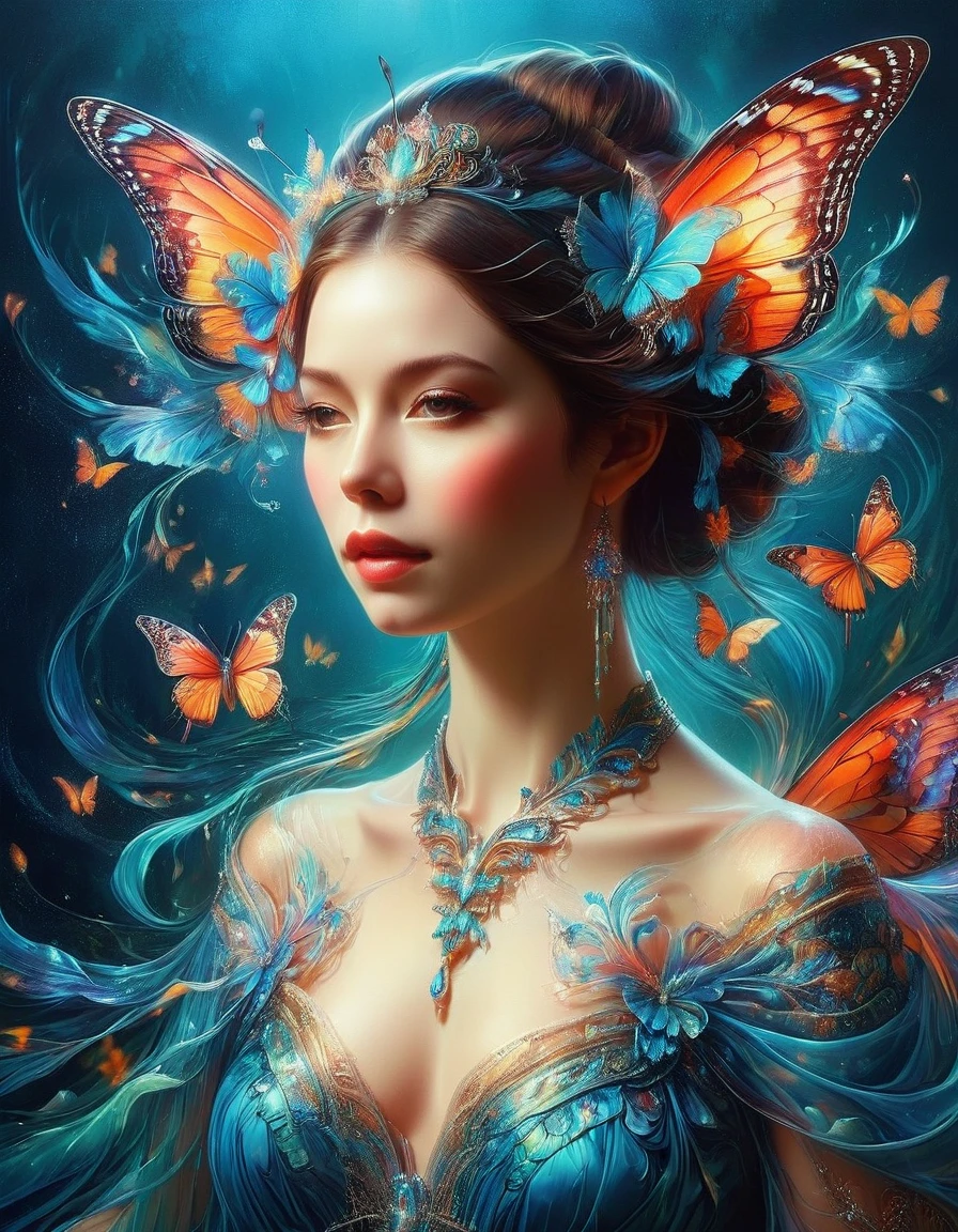 Create a surreal portrait of a woman with butterfly wings. Her presentation should be dreamlike and ethereal, with the vibrant, outlandish colors and improbable, distortion-filled artistry characteristic of Surrealism, a movement prevalent in the early 20th century. Think of the intricacy and strangeness often associated with visual illusions. Let her gown flow in an eerily graceful manner. This portrait should be captured as if viewed through a macro lens, accentuating each fine line and elaborate detail. Though it is a fantasy-inspired piece, the realism in the details should not be compromised.
