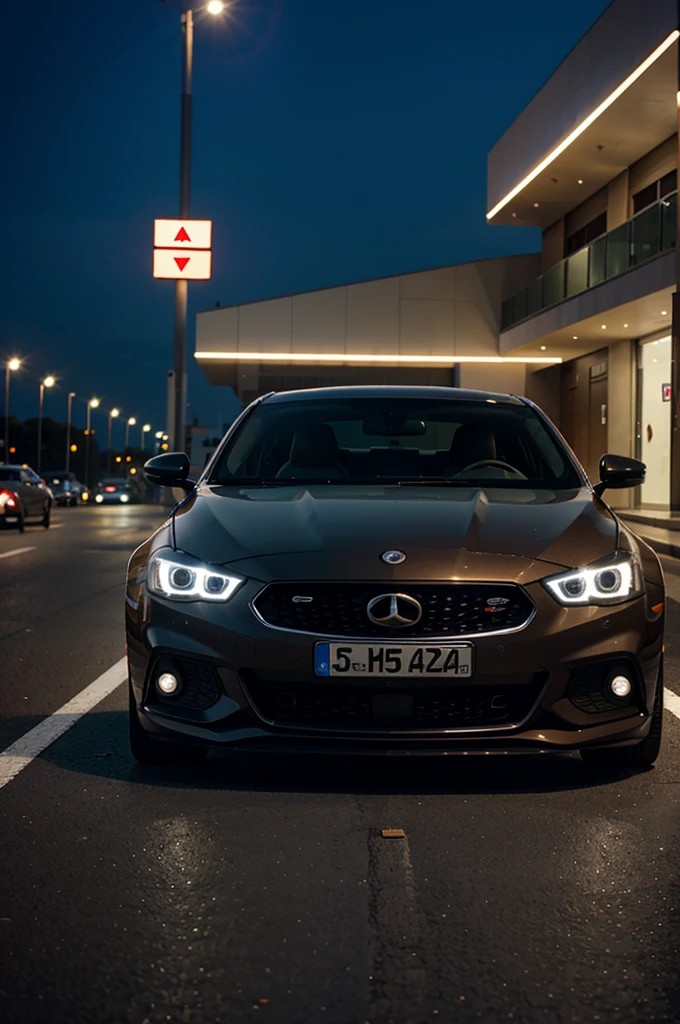 A sports car on a street at night surrounded by buildings