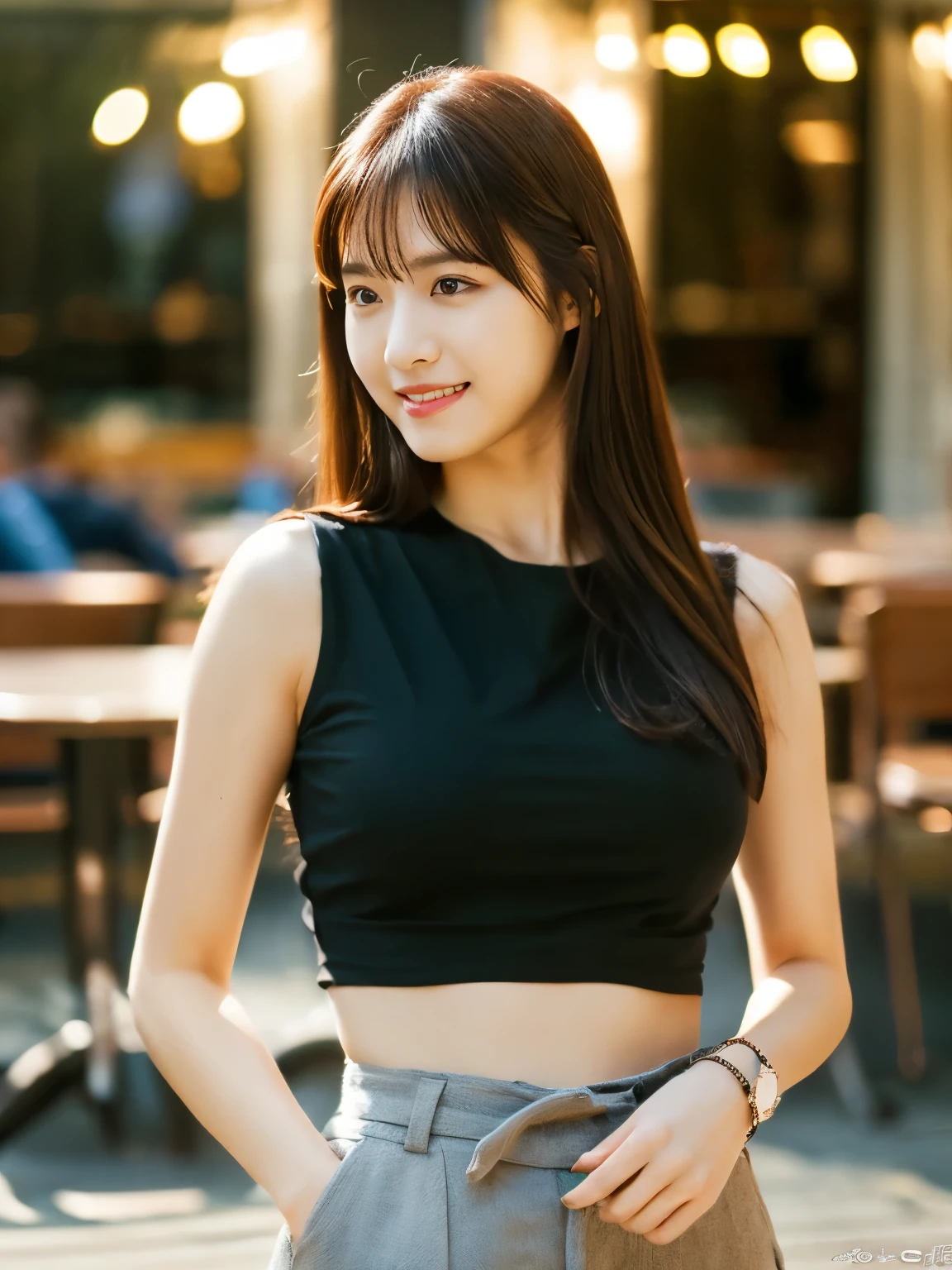 1 girl, (wearing a black blouse:1.2), black short skirt, beautiful Japanese actress, (RAW photo, highest quality), (realistic, Photoreal:1.4), masterpiece, very delicate and beautiful, very detailed, 2K wallpaper, wonderful, finely, very detailed CG Unity 8k wallpaper, Super detailed, High resolution, soft light, beautiful detailed girl, very detailed目と顔, beautifully detailed nose, beautiful and detailed eyes, Long hair, cinematic lighting, break, (Against the backdrop of a outside the open cafe terrace 1.3), city lights, perfect anatomy, slender body, smile, Face the front completely, (look at the camera), (waist shot), (emphasize big breasts), (full body shot), (Random body direction), (Shooting from a long distance),