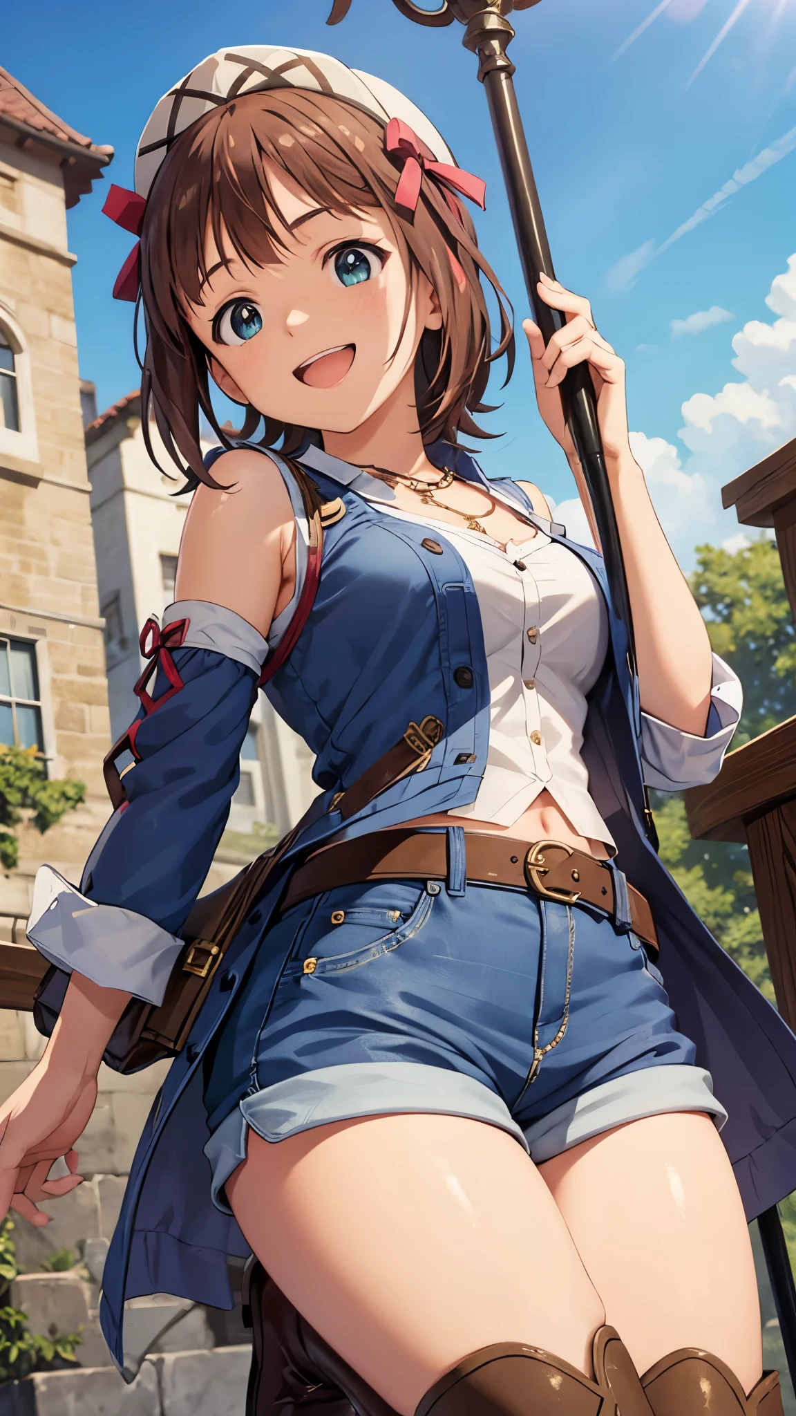 CG, unity, 8k, wallpaper, highest quality, masterpiece, 1 girl, haruka amami, cowboy shot, standing, looking at viewer, outdoors, waving, (smile: 1.2), open mouth, thigh boots, shorts, thighs, best lighting, complex pupils, complex textile, realistic skin texture, detailed background, (Traditional stone town in Europe), (blue sky: 1.5)