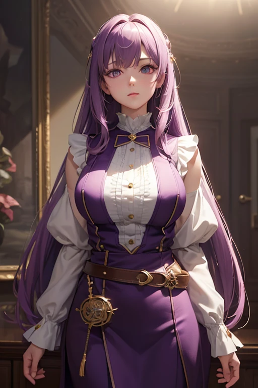 masterpiece, best quality, Super detailed, CG illustration, High resolution, better lighting, best shadow, extremely delicate and beautiful, Proper shading, HD, 8K, Ray tracing, Ultra-detailed and clear background, perfect lighting, anime style, alone, 1 female, light purple long hair, light purple eyes, aldult, Purple tassels on belt,