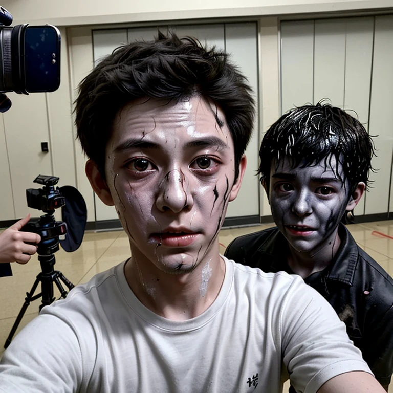Filming a comedy movie set in a school、A boy actor takes a selfie after being covered in soot and in tatters after an explosion