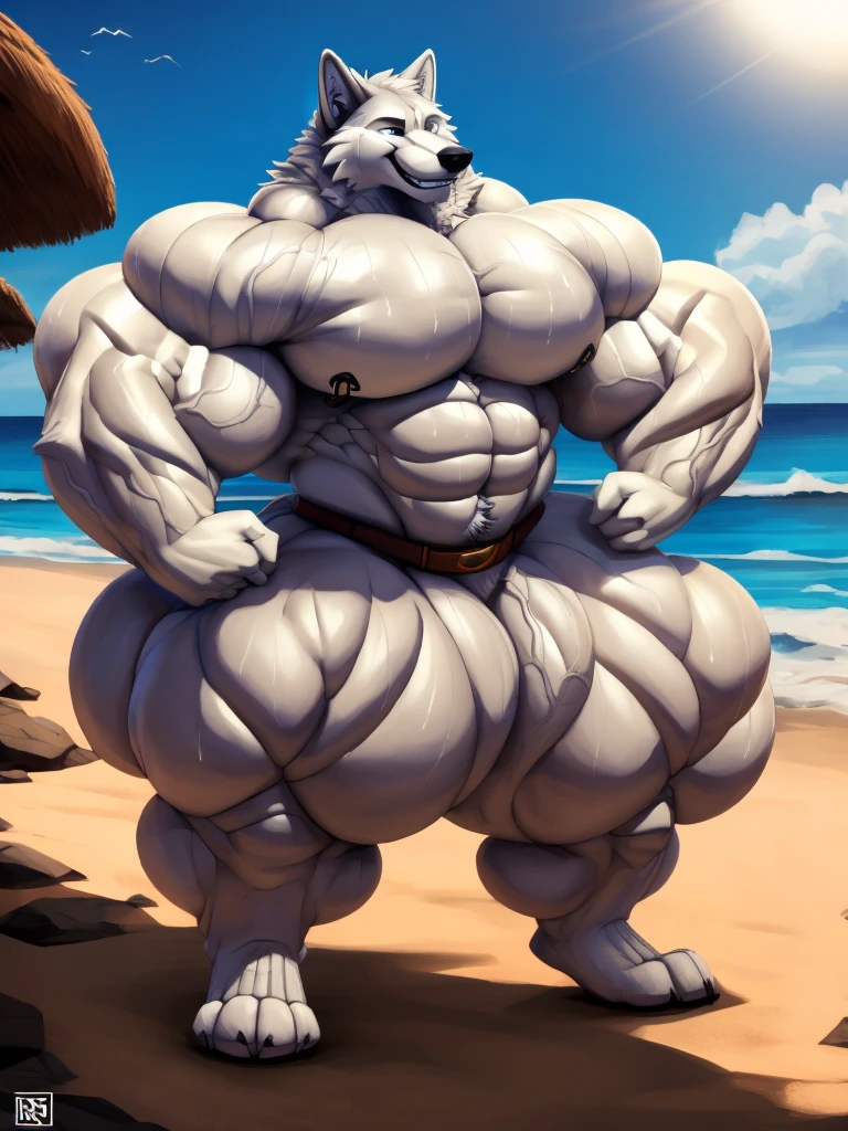 4k, high resolution, best quality, perfect lightning, perfect, solo, anthro, young, boy,white wolf:2.0, furry body, (fluffy mane:1.2), fluffy tail, male, adult, (bulky2:0, thick muscles2:0, huge muscles:2.0, hyper muscles:2.0), (thick biceps, veiny biceps, big broad veiny pecs:2.0, broad shoulders:2.0), (thick legs, thick calves:1.1), (digitigrade legs, 4 toes:1.2), perfect colors, (photorealistic fur, detailed fur, epic, masterpiece), (suggestive posing:1.2), (seductive smile, ??????? grin 1.3), detailed beach,detailed wolf eyes:2.0, by k0suna, by darkgem，?????? ring，big pecs:2.0，hyper arms:2.0，veins,hyper ????:2.0,hyper paws:2.0，standing，thick legs，thick butts:2.0,sweat body:2.0,massive ????:2.0,hyper ???:2.0,huge ???:2.0,presenting ????,white fur,white body,focus on ????:0.7