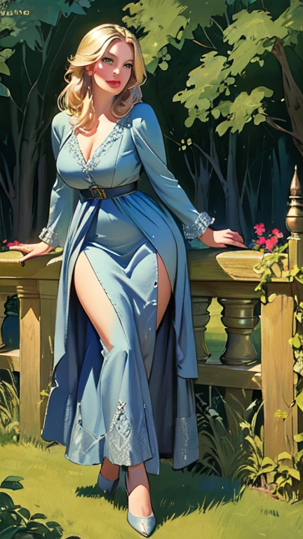 masterpiece,extremely beautiful woman,highly detailed beautiful face,big eyelahes,minimum waist,maxi slit dress, tights,straight blonde hair,excellent sense,American Comics,(((The Perfect One Woman))),(((one person))),colorful,highly detailed body,florish garden in the background 