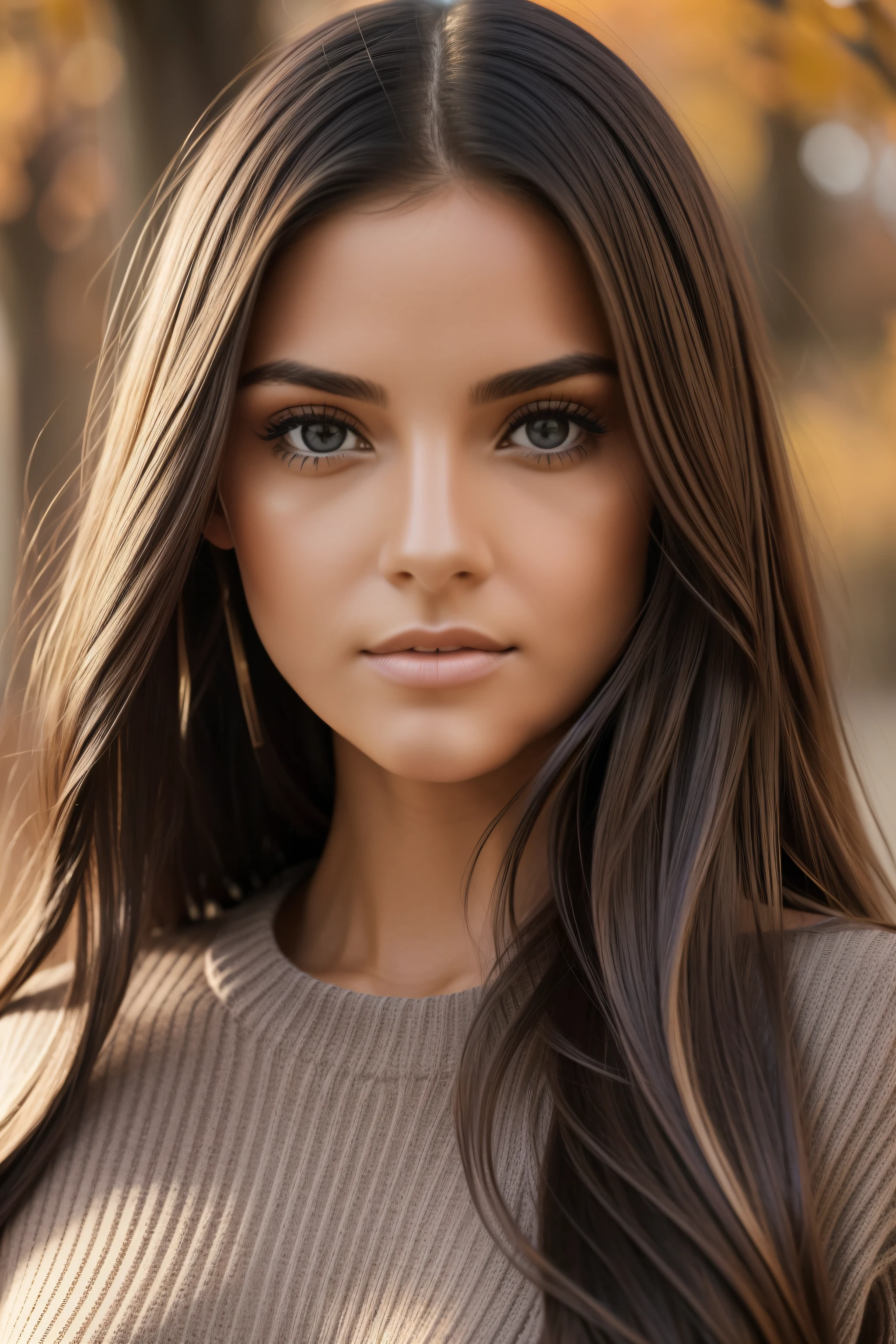 Fotografia de uma linda garota, wear a fall sweater, cabelo comprido de um lado, busto pesado 36DD, look to the camera, symmetrical eyes, symmetrical face, fotorrealista, fotografia, Layout do caminho, specular lighting, volumetric face light, Caminho do cabelo, visible shadows, complexo, Elaborar