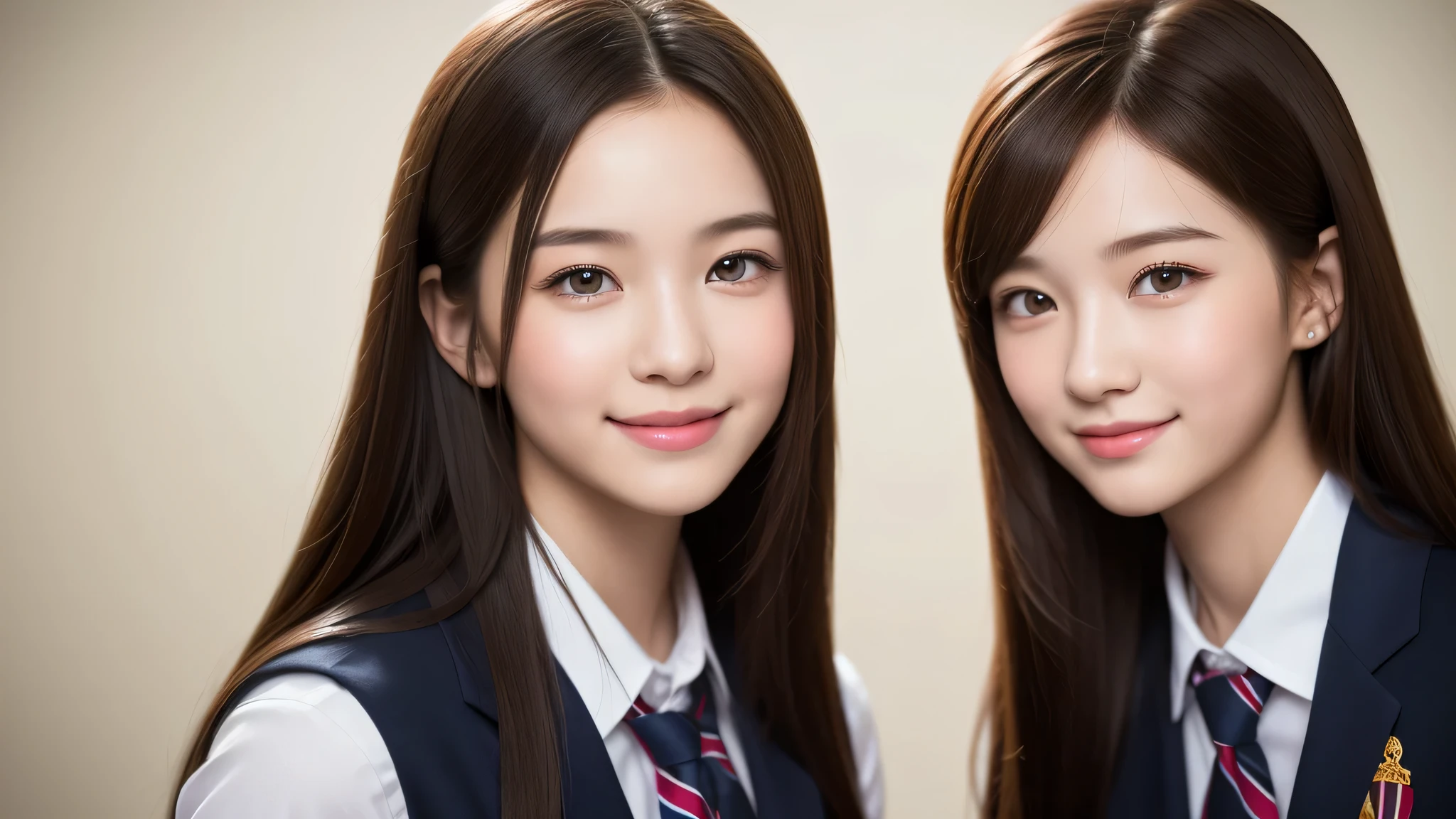 (Twins:1.2), 2girl, similar faces, beautiful girls, enchanting smile, (highly detailed eyes, highly detailed face), Fresh, very clean appearance, (hyper-realistic, hight resolution), (best Quality:1.4), Professional Photography, (high school uniform:1.2), focus on the face,