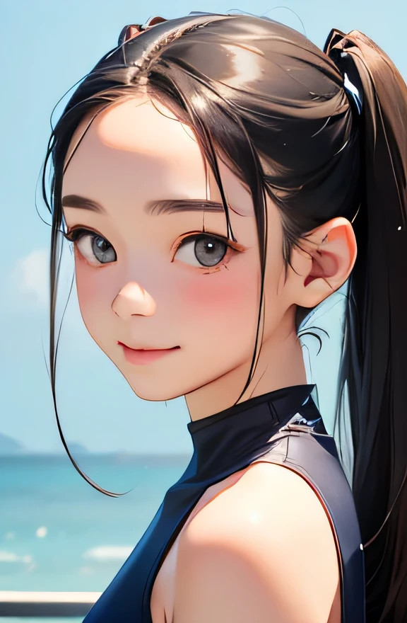 highest quality、realistic、Japanese、girl、zoom、cute、gray eyes、long hair、Pigtails、chestnut hair、all back、forehead is protruding、Blue swimsuit、look down、big smile、Sweat、bust shot、thin、small breasts