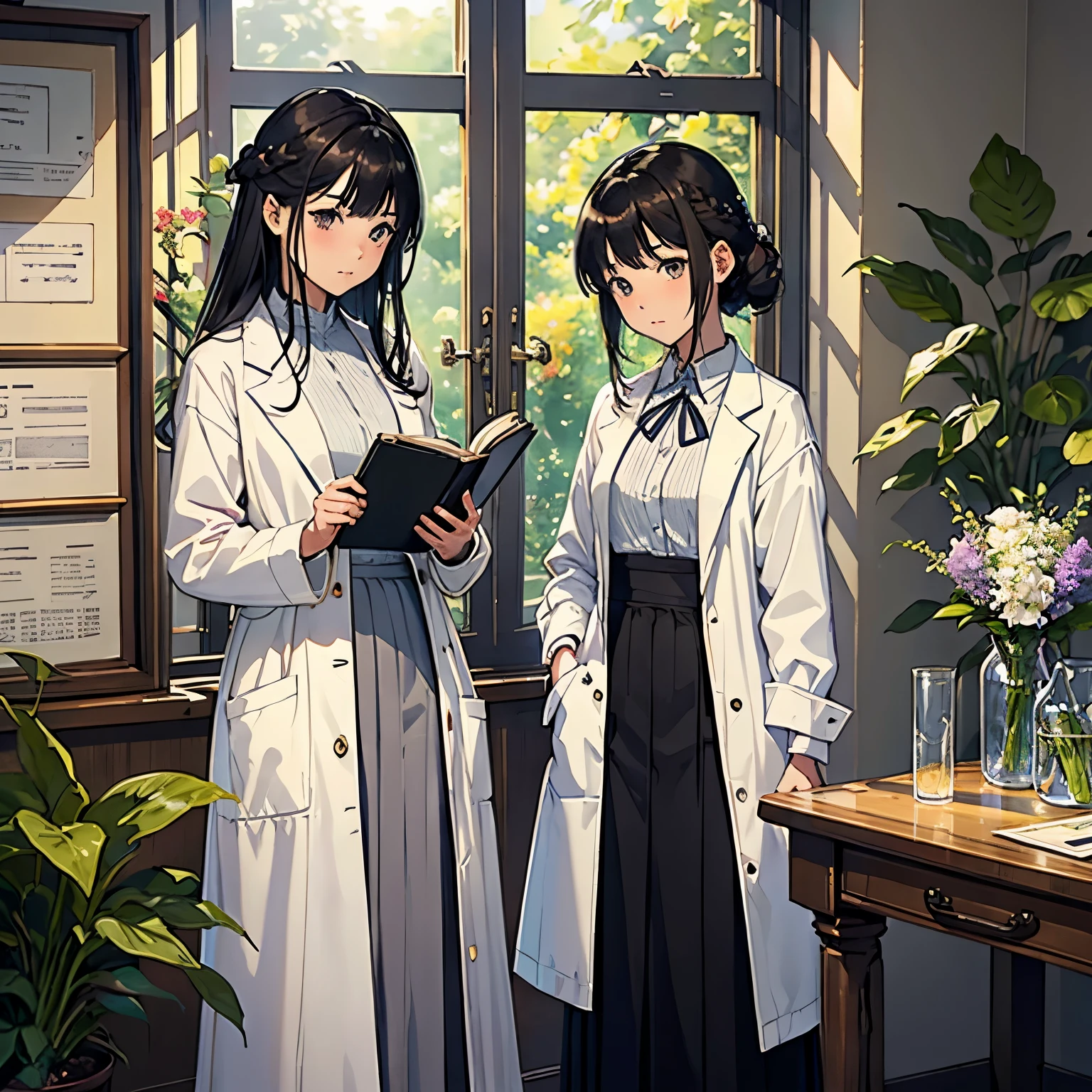 (highest quality、masterpiece、High resolution)、(Sargent style watercolor)、(anime art)、soft light、((two women))、((They both had documents、Standing and talking))、、18-year-old、medium short hair、black hair、dark brown hair、braided hair、small breasts、uniform、(long skirt)、((wearing a white coat))、白いブラウスとlong skirt、Institute of Earth Sciences、鉱物標Book、Book、Laboratory instrument、test tube、beaker、flask、Alcohol lamp、Labware、table、Tea set、Floral、window、Foliage plant、 blur the background、