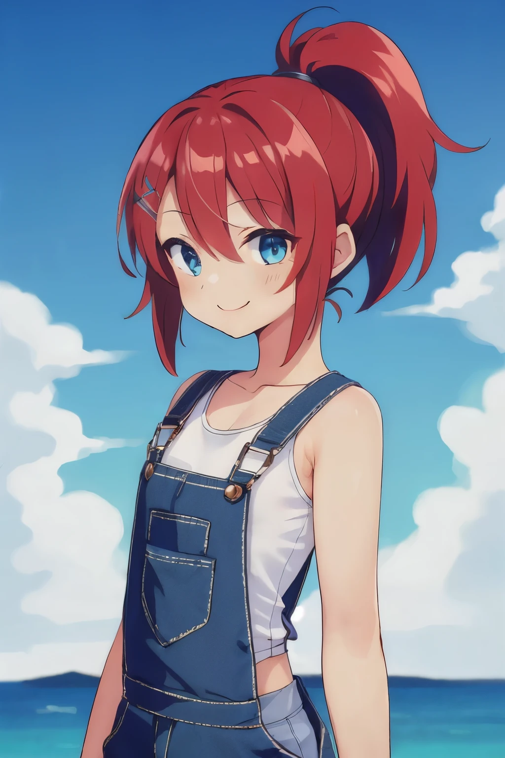 (highest quality、masterpiece:1.2) (flat:1.2) chest, ((1 cute girl)) Red hair、blue eyes、ponytail、elegant (white tank top、overalls) beautiful eyes、beautiful hair、shy, smile (sea background)