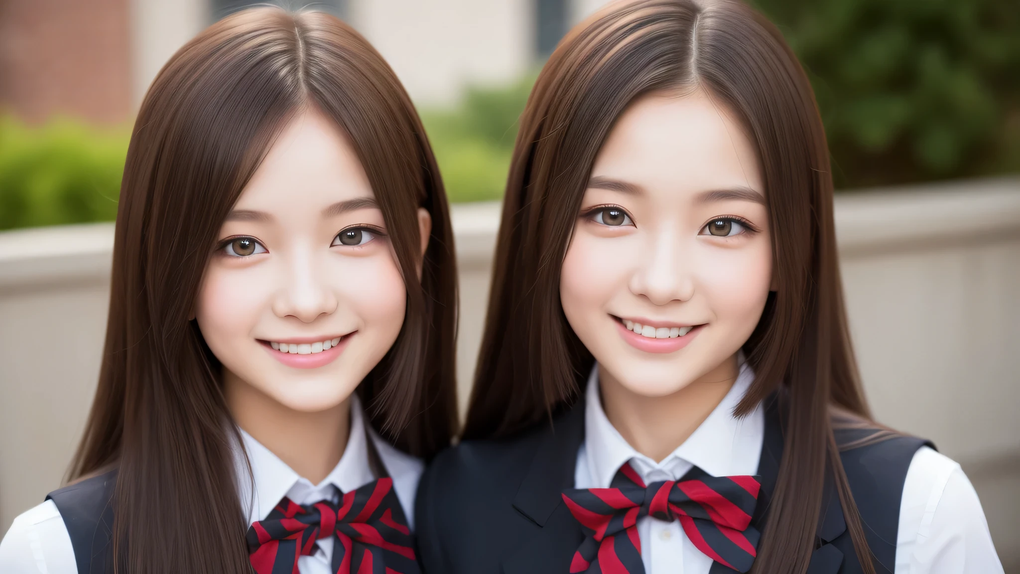 (Twins:1.2), 2girl, similar faces, beautiful girls, enchanting smile, (highly detailed eyes, highly detailed face), Fresh, very clean appearance, (hyper-realistic, hight resolution), (best Quality:1.4), Professional Photography, (high school uniform:1.2), focus on the face,