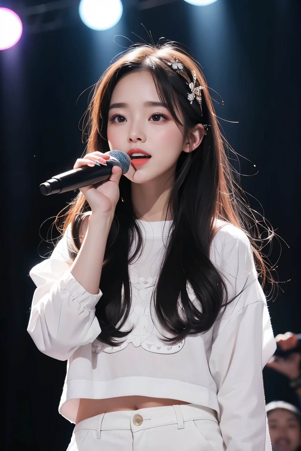masterpiece, best quality, 8 thousand, 24 years old, photo beast, absurd, award-winning portraits, pure, korean beauty, spring, stage with electronic display, laces, cute, right, healthy, Beloved, perfect hands, A girl singing while holding a microphone in one hand, fluttering hair, Random Actions, random clothes, 