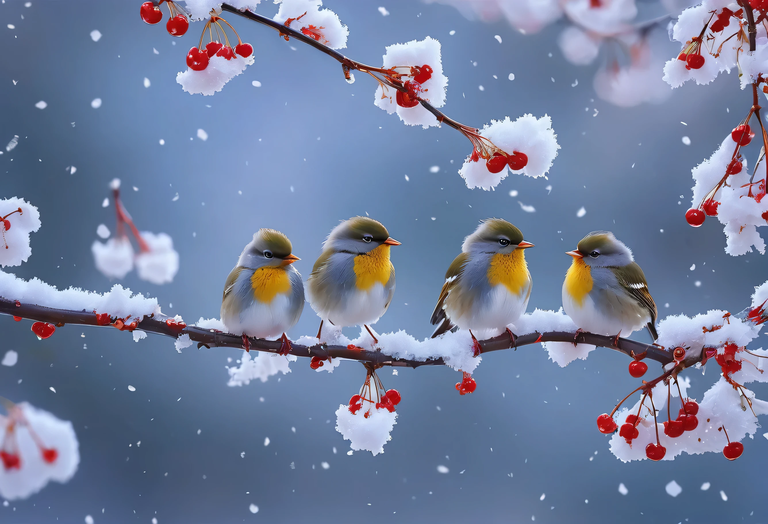 there are four birds sitting On the branch with snow on them, On the branch, birds on cherry tree, beautiful and cute, nice and cute, very cute, by Min Zhen, cold white eyes, adorable and whimsical, mysterious bird, very cute, cuteness, beautiful nature, cute and nice, An inspiring bird&#39;s-eye view, continue, adorable!!!, beautiful!!!!!!!!!
