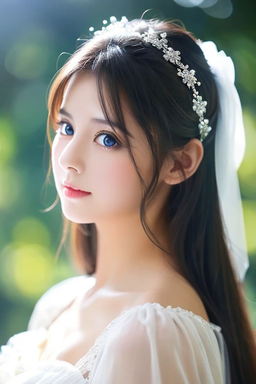 A god with a straight nose々Create a beautiful girl image。She has deep blue eyes、A soft and mysterious atmosphere、Wearing a white dress。her appearance、It will shine brightly in the background.。