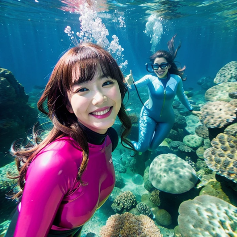 (masterpiece, highest quality:1.2), 1 girl, alone Woman in rubber suit mermaid an underwater city beautiful girl Hair Color Pink High resolution cross-eyed smile