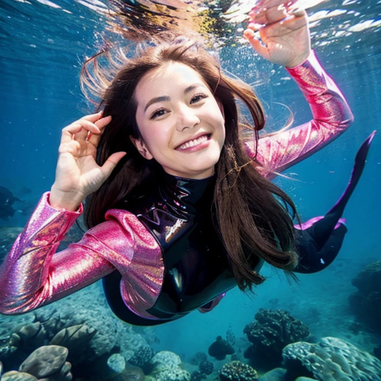 (masterpiece, highest quality:1.2), 1 girl, alone　Woman in rubber suit　mermaid　an underwater city　beautiful girl　Hair Color Pink　High resolution　cross-eyed　smile