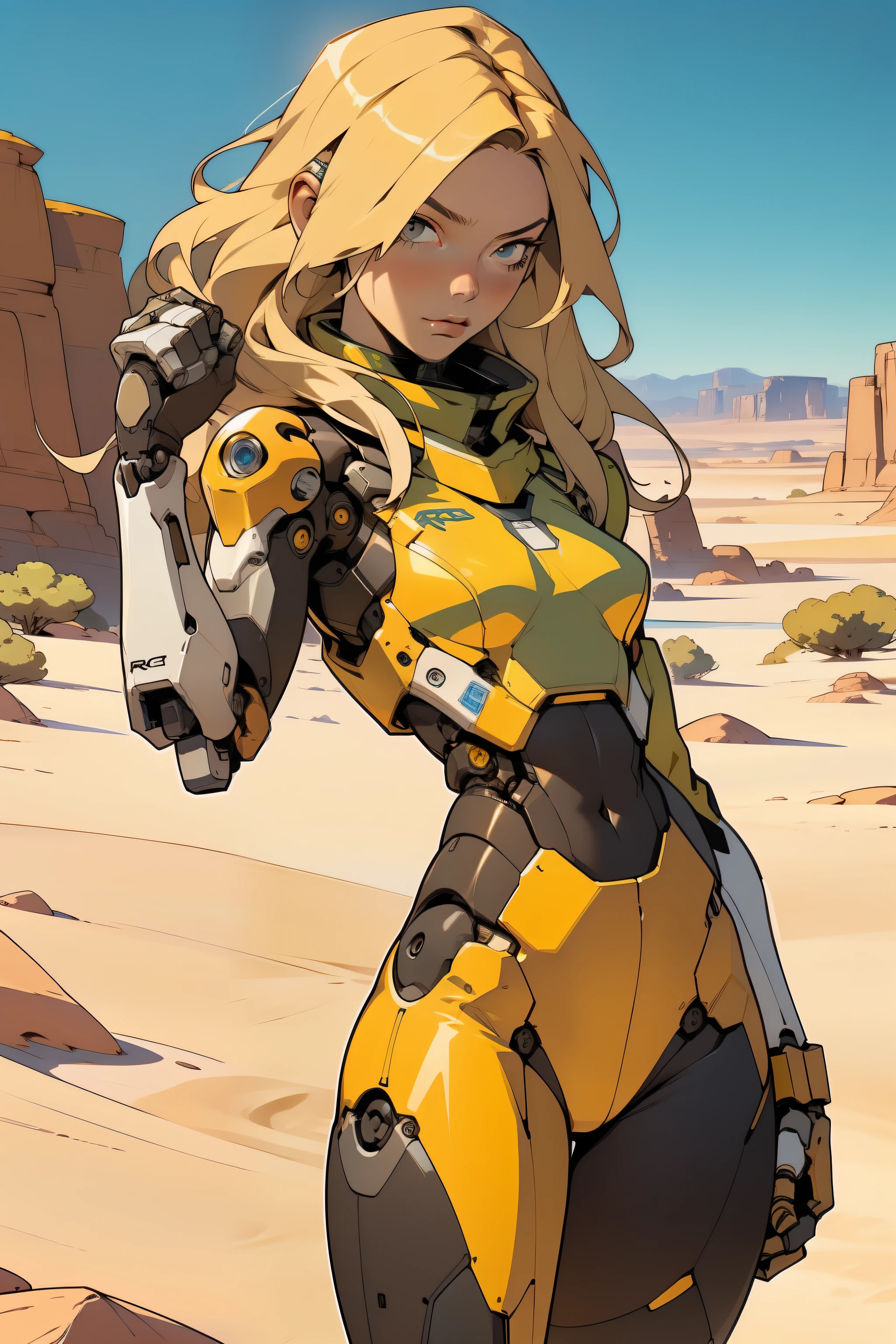 high quality, 4k, masterpiece, beautiful, cyborg girl, cowboy shot, dull eyes, front, looking at viewer, long blonde hair, girl, small breasts, fit thighs, robotic arms, robotic body, cyborg body, yellow & white uniform, orange accent, intricate detail, joint, detailed lines, robotic detail, holding fist up, holding hand up as fist, color robotic parts, robotic parts with color, perfect fingers, on a desert planet, sunny background, colorful desert, a river or a lake in the background, slender thighs, skinny thighs,