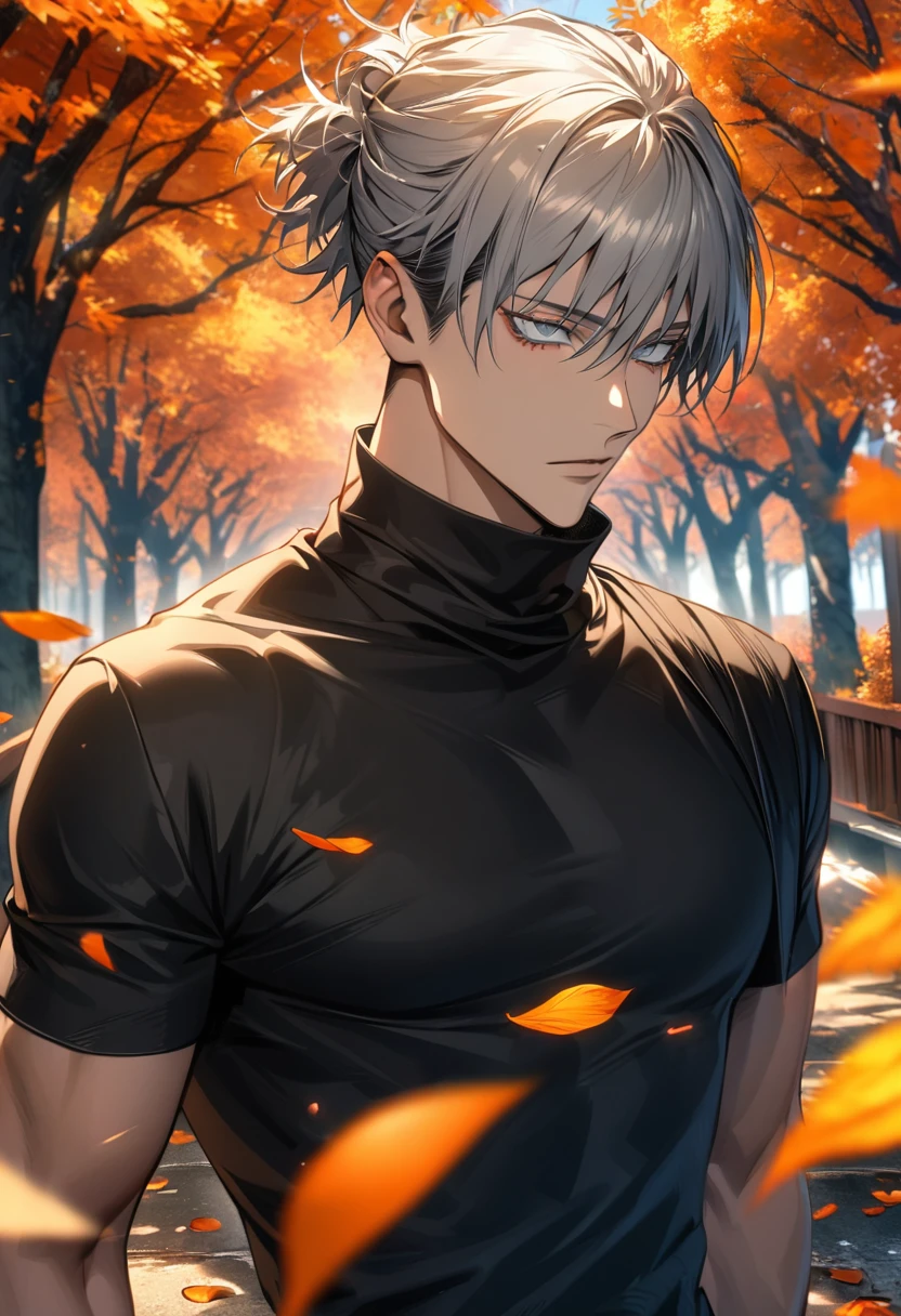 Ultra detailed, highres, absurdres, HDR, Zenin Toji, black straight hair, grey eyes, Jujutsu Kaisen, black tight t-shirt, handsome, 1 man only, orange leaves, autumn, petals,