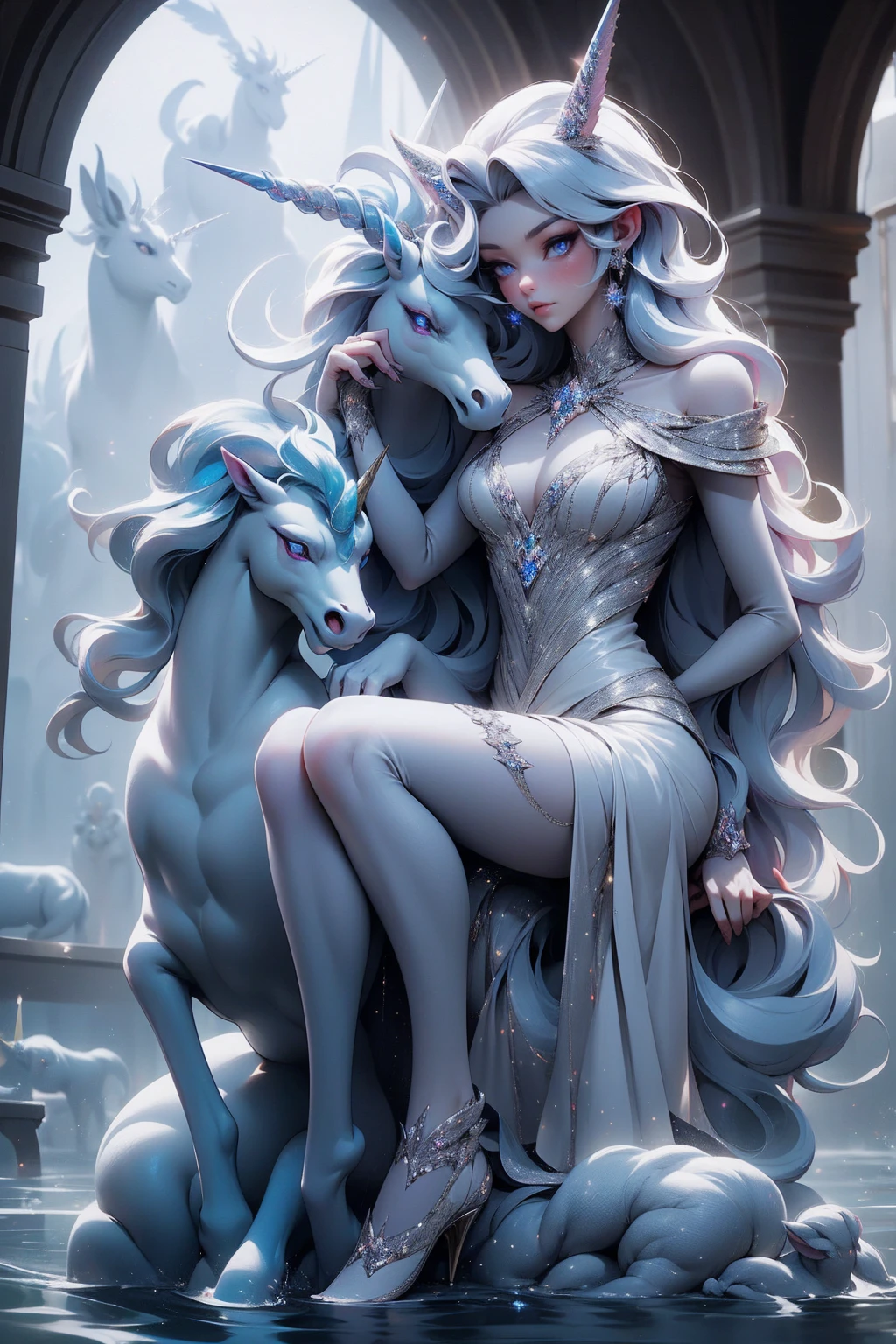 {-erro_de_anatomia:1.0} There is a white unicorn girl, blue mane and long mane, white unicorn, unicorn, unicorn horns, A unicorn, celestia, Nine stories, blue unicorn, soft dreamy, cinematic light《fangs》Unicorn in, mythological creatures, a mythical creature, Pokémon illustration, unicorns, a glaceon princess, white dress, opal eyes. Auroracore, ghostly iridescent, image good for rendering, sitting on the water. unicorn girl, full body, holding a crystal unicorn