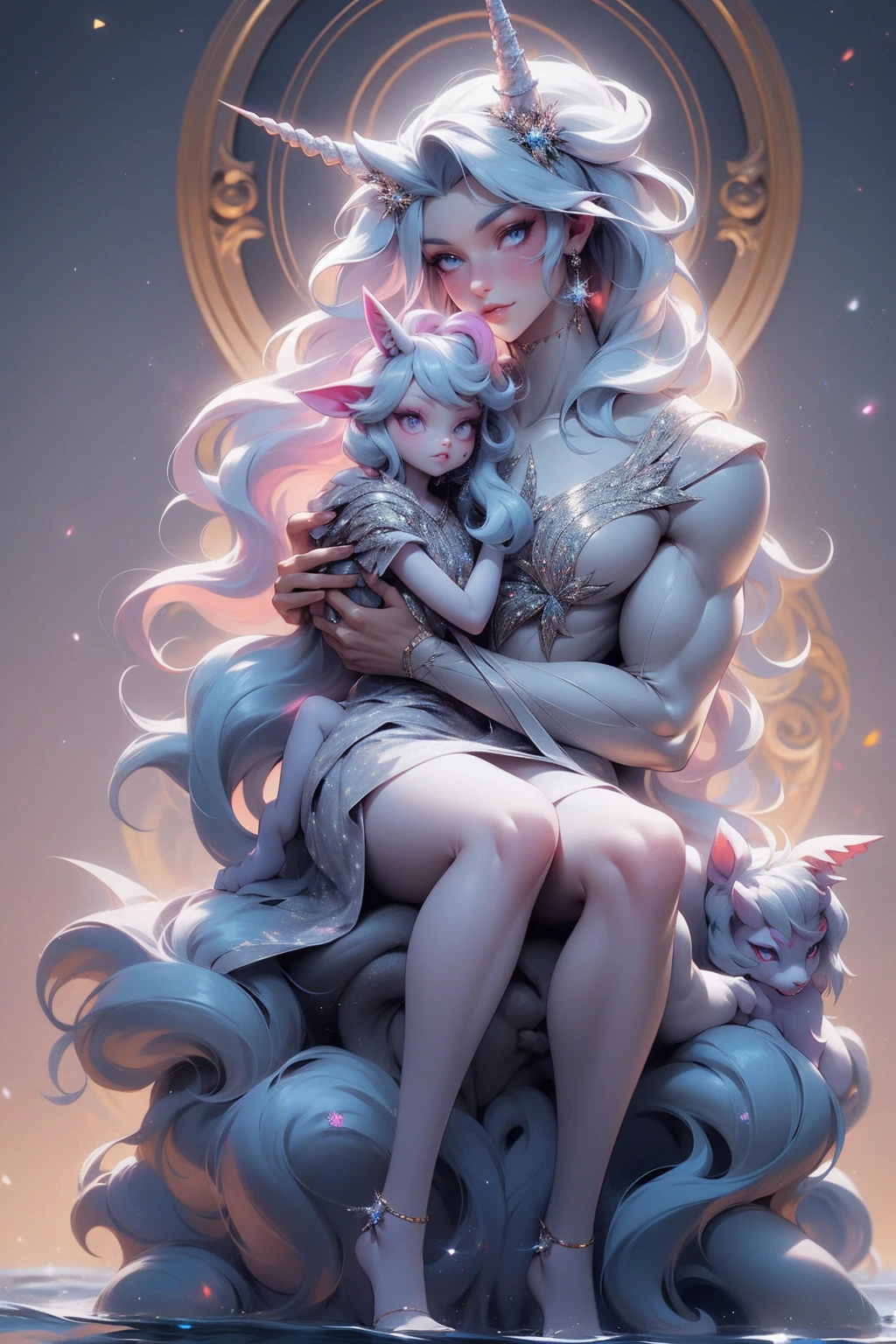 {-erro_de_anatomia:1.0} There is a white unicorn girl, blue mane and long mane, white unicorn, unicorn, unicorn horns, A unicorn, celestia, Nine stories, blue unicorn, soft dreamy, cinematic light《fangs》Unicorn in, mythological creatures, a mythical creature, Pokémon illustration, unicorns, a glaceon princess, white dress, opal eyes. Auroracore, ghostly iridescent, image good for rendering, sitting on the water. unicorn girl, full body, holding a crystal unicorn
