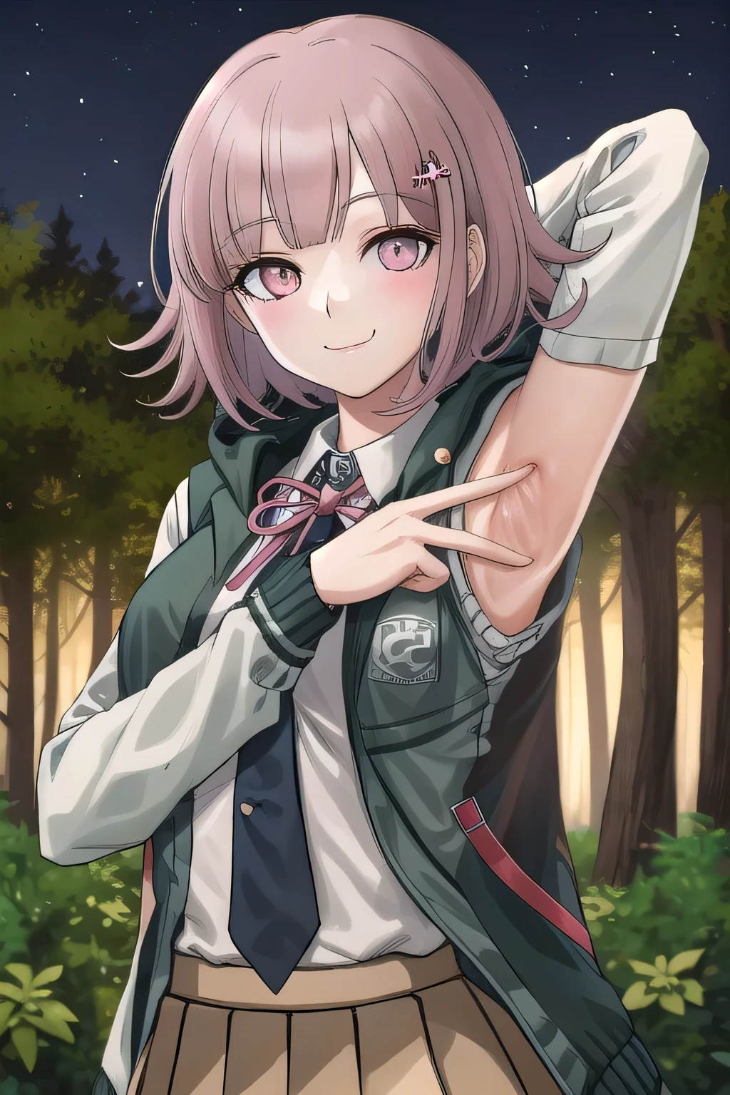 1girl, solo, hair ornament, shirt, jacket, ribbon, skirt, dress shirt, pink ribbon, open clothes, pleated skirt, white shirt, neck ribbon, collared shirt, hood, open jacket, looking at viewer, black jacket, long sleeves, shirt tucked in, brown skirt, hairclip, solo, night sky, forest, arms behind head, contrapposto, spread armpits, closed mouth, smile, upper body, two-tone shirt, hooded jacket, breasts, medium hair, 