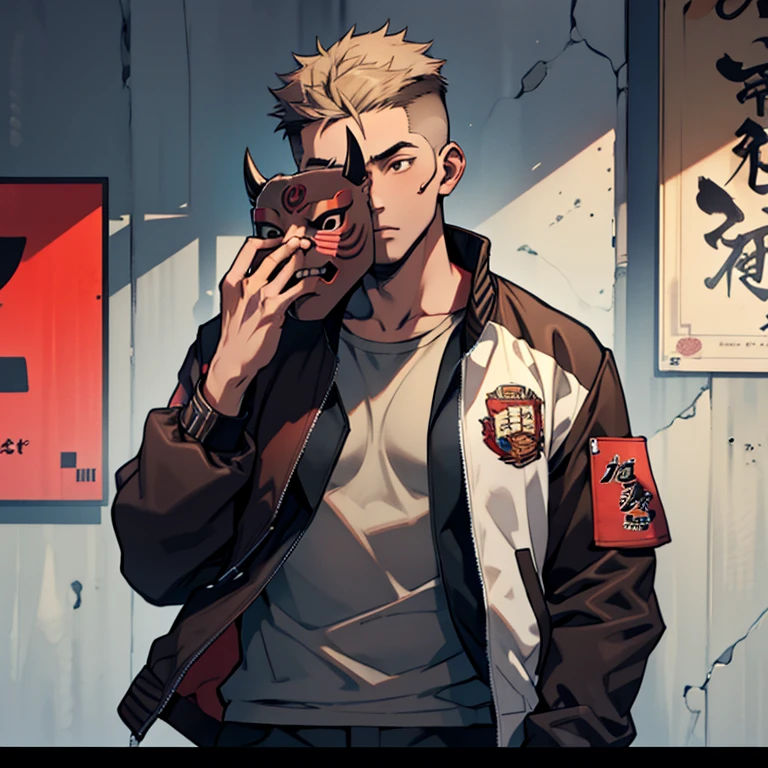 human Male 19 years old , Brown fade haircut , (( oni mask )) ,Gray shirt ,,((holding mask)) , Bandage , ((wearing varsity Jacket ))