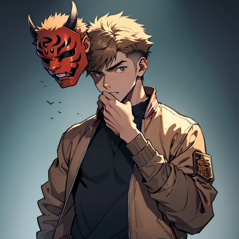 human Male 19 years old , Brown fade haircut , (( oni mask )) ,Gray shirt ,,((holding mask)) , Bandage , ((wearing varsity Jacket ))