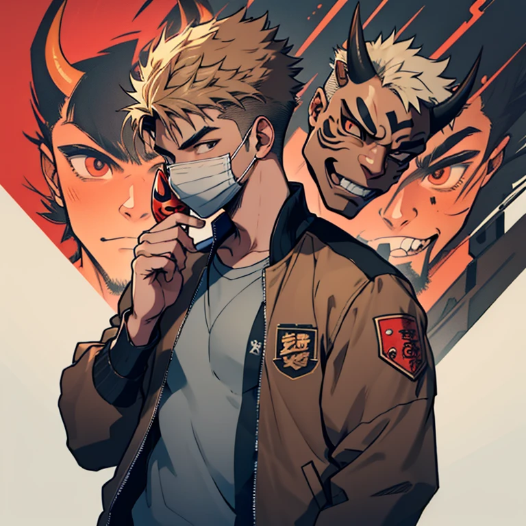 human Male 19 years old , Brown fade haircut , (( oni mask )) ,Gray shirt ,,((holding mask)) , Bandage , ((wearing varsity Jacket ))