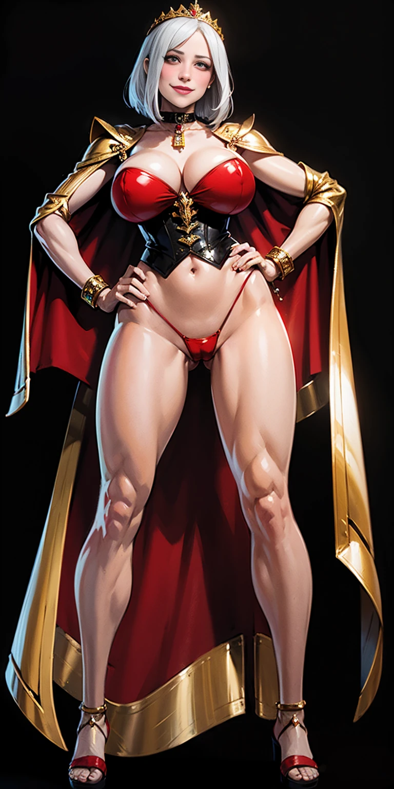 ((BLACK BACKGROUND,1:2, masterpiece)), full body MILF BIMBO standing with two long thighs and two high heels, red eyes, silver white hair, short bob style hair, big breasts, cleavage, separate sleeves, tiara royal, long cape up to two feet, yellow bikini, hands on waist, navel, lustful smirking smiling, smile face (red blushed, red cheeks), metal shoulders, gold sleeveless armbands, black leather choker slave collar, shackle bracelets, sex slave red crest, full body MILF BIMBO standing with two long thighs and two metal sandals, red eyes, silver white hair, short bob style hair, big breasts, cleavage, separate sleeves, tiara royal, long cape up to two feet, yellow bikini, hands on waist, navel, lustful smirking smiling, smile face (red blushed, red cheeks), metal shoulders, gold sleeveless armbands, black leather choker slave collar, shackle bracelets, sex slave red crest, pauldrons, breastplate, corset, eye focus, full body, whole body. 1solo . slave fighter, loincloth standing, hands on hips, metal sandals, backpack, choker, big belt, view from below, feet together, bracers, tiara)