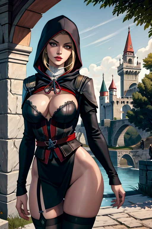 La mujer, Стиль Assassin's Creed,naked, ropa corta, poca ropa, ropa negra, black clothes, botas hasta la rodilla, Pulseras en las piernas, castillo medieval, castle, Renacimiento,rreaissance muy detallado, Realistic long-term photography., 4k, pelo largo, blonde hair, pelo rubio, By the chestnut, labios rosas, Chica con traje de Assassin&#39;s Creed Altair con capucha, Assassin symbol&#39;s Creed en la cintura, capucha, hood, tatuaje, tatoo, leg tatoo, sexy,pink lips, grey eyes,ojos grises, big breasts, pechos grandes, breasts, stocking, medias, black stockings, stocking, medias, black stockings,