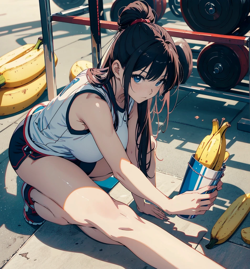 Anime girl lying on the ground with a banana in her hand, Chun-Li at the gym, Beautiful anime girl squatting, seductive anime girl, 4k anime wallpaper, ultra hd anime wallpaper, anime wallpaper 4k, anime wallpaper 4k, 4k manga wallpaper, anime girl squatting, Anime Art Wallpaper 4K, anime art wallpaper 4k