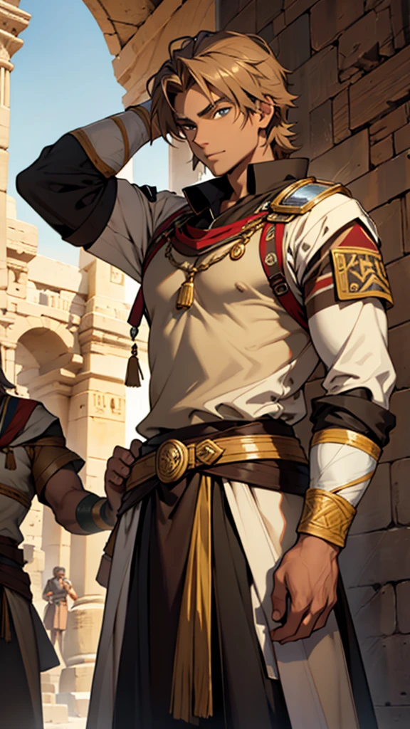 1man an ancient soldier good physique from medieval times light brown eyes light tan skin color long light brown hair from egypt