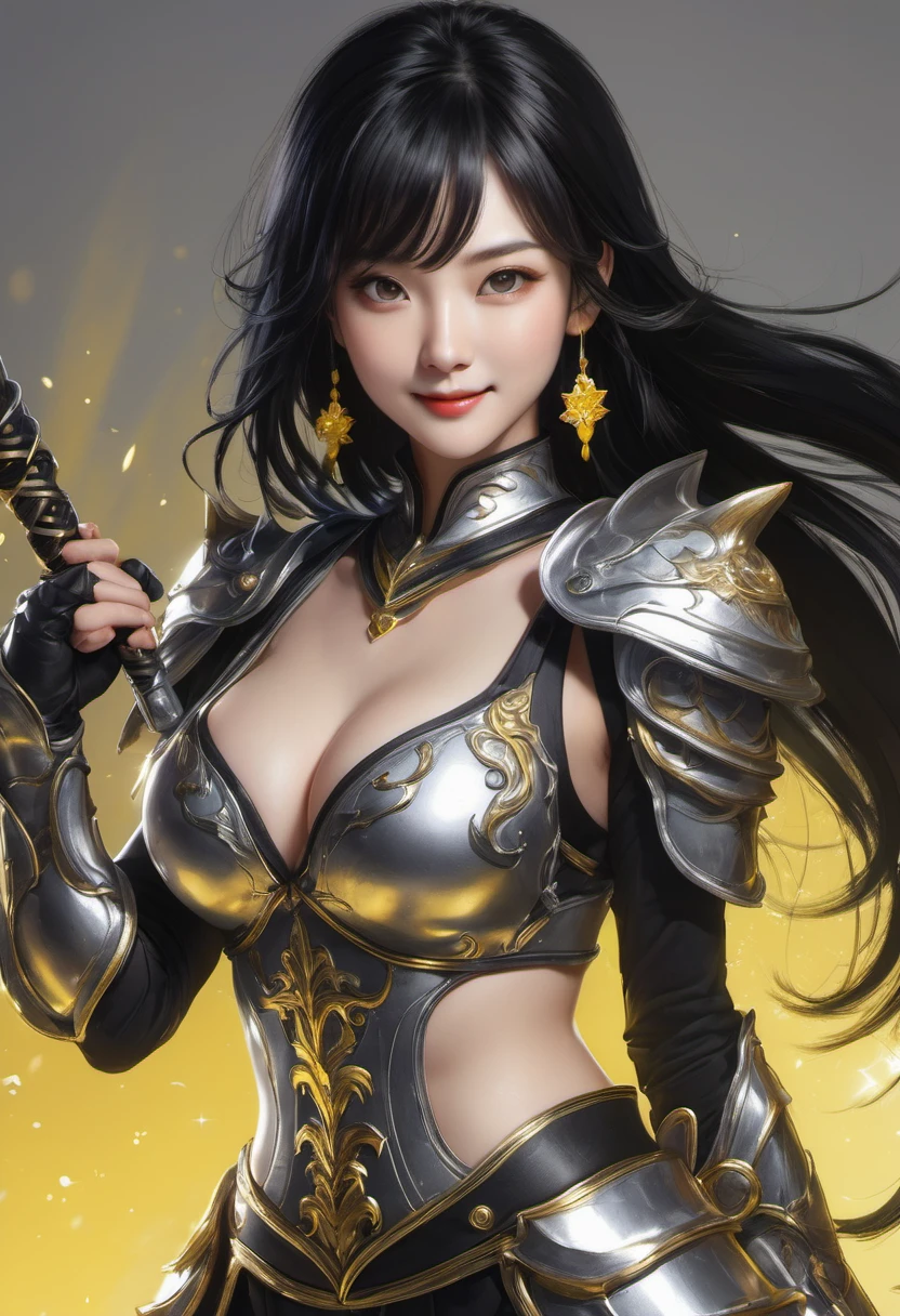 ((highest quality)), ((masterpiece)), (get used to it), perfect face, shoulder length black hair、28 year old female。Clad in dazzling silver armor、smile gently。Weapon: Yellow nunchucks、Fighting Pose.、A bright light shines from behind, Envelops the entire body.