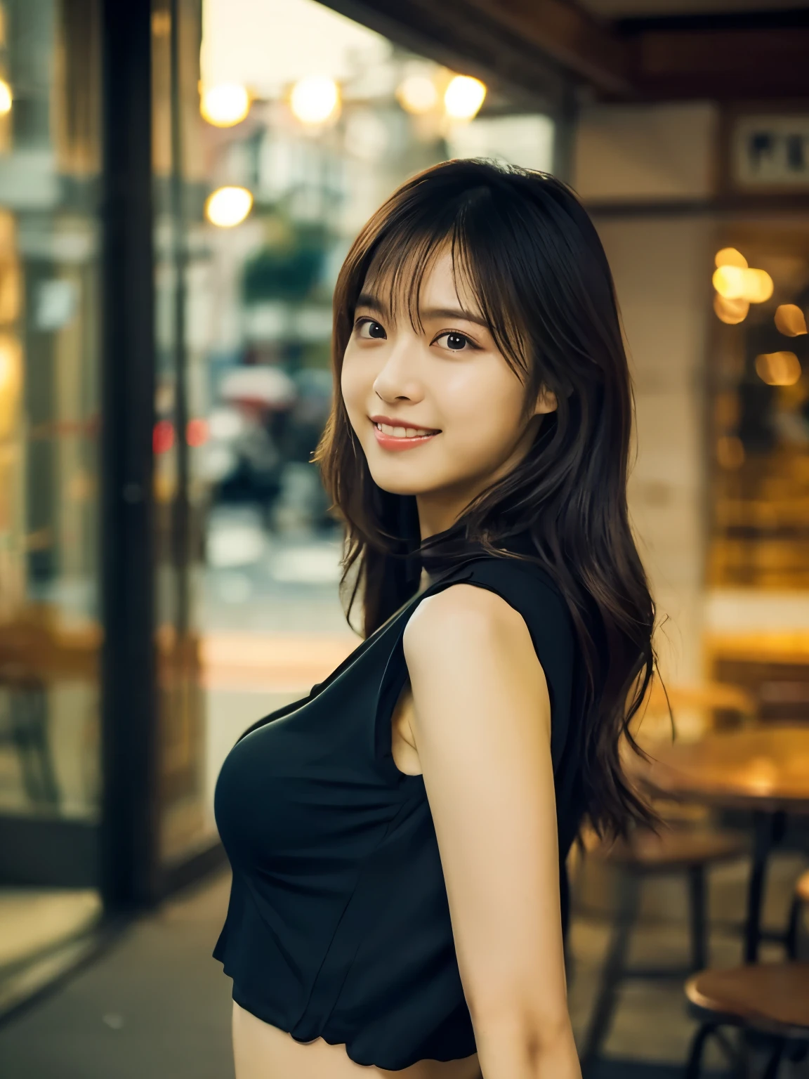 1 girl, (wearing a black blouse:1.2), black short skirt, beautiful Japanese actress, (RAW photo, highest quality), (realistic, Photoreal:1.4), masterpiece, very delicate and beautiful, very detailed, 2K wallpaper, wonderful, finely, very detailed CG Unity 8k wallpaper, Super detailed, High resolution, soft light, beautiful detailed girl, very detailed目と顔, beautifully detailed nose, beautiful and detailed eyes, Long hair, cinematic lighting, break, (Against the backdrop of a outside the open cafe terrace 1.3), city lights, perfect anatomy, slender body, smile, Face the front completely, (look at the camera), (waist shot), (emphasize big breasts),  (full body shot), (Random body direction), (Shooting from a long distance),