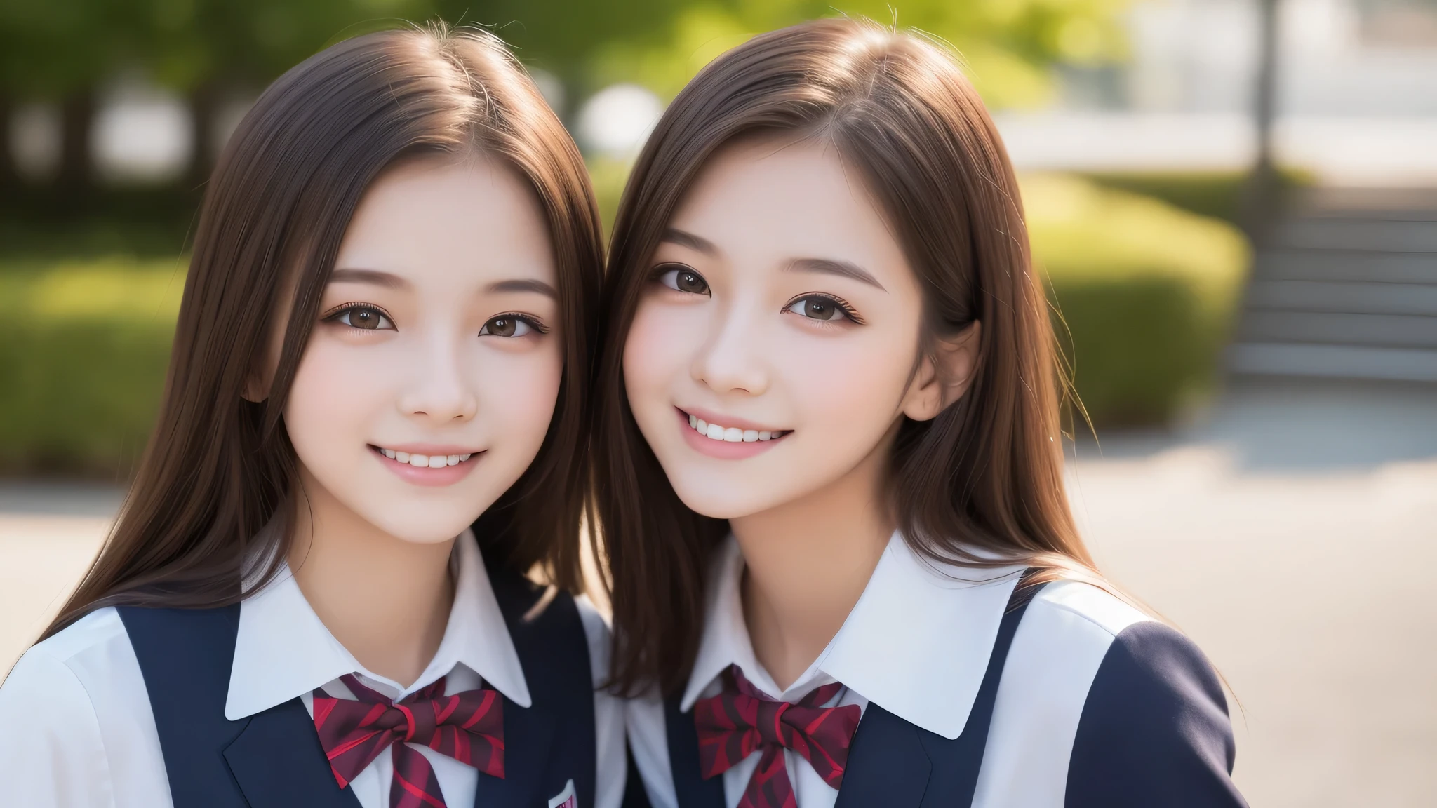 (Twins:1.2), 2girl, similar faces, beautiful girls, enchanting smile, (highly detailed eyes, highly detailed face), Fresh, very clean appearance, (hyper-realistic, hight resolution), (best Quality:1.4), Professional Photography, (high school uniform:1.2), focus on the face,