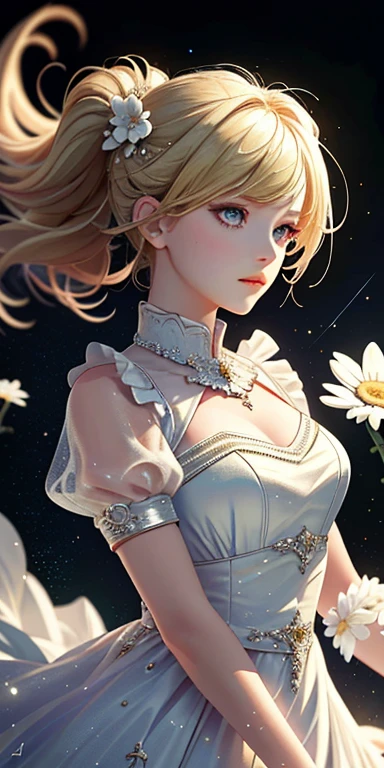 (highest quality, masterpiece), 1 girl, Milky Way, Sparkling, dress, particle, Wind, flower, Upper body, Dark simple background, looking at the viewer, blonde,