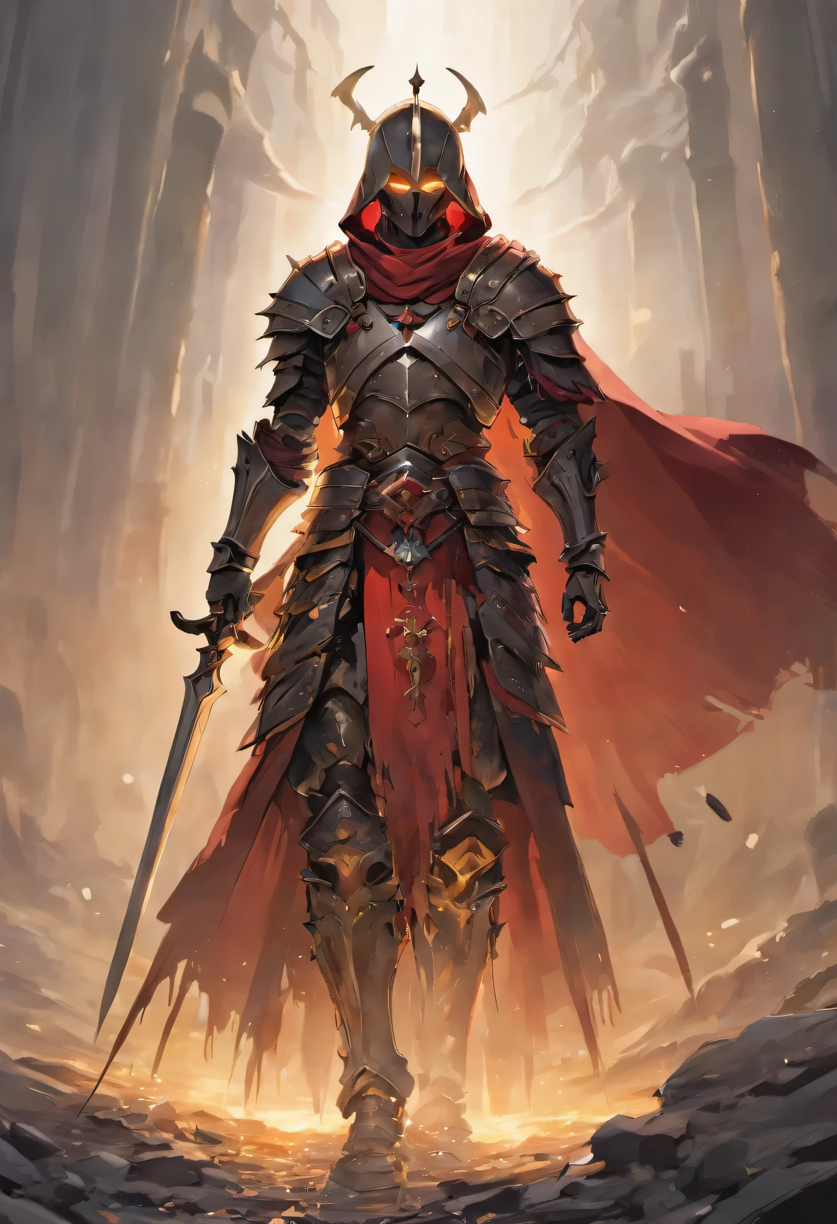 Craft a hyper-realistic portrayal of a skeleton knight draped in a striking red cloak, standing amidst a landscape of rugged terrain. Render every fold and texture of the fabric with meticulous detail, capturing the interplay of light and shadow as it cascades over the knight's form. The armor should gleam with a lustrous sheen, reflecting the surrounding environment with stunning clarity. Incorporate subtle imperfections and weathering to add depth and authenticity to the scene, immersing the viewer in a world where every scratch and scuff tells a story of battles fought and victories won. This hyper-realistic depiction should transport viewers to a realm where the line between fantasy and reality blurs, leaving them in awe of the knight's strength and presenc