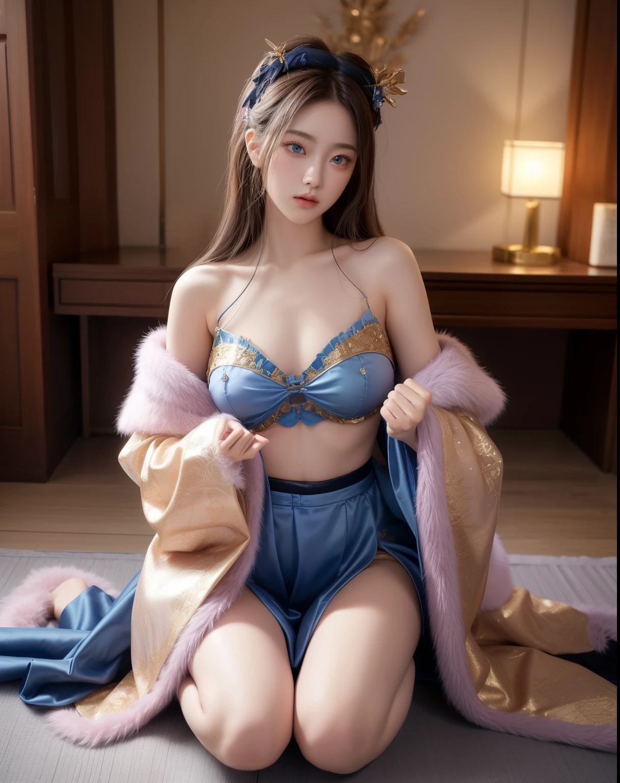 Blue Gothic Warrior Queen, Pink and gold kimono robe and midi skirt, satin, fur, (stockings), thong panties, Decolletage, natural breasts, Backwards and on all fours, zettai ryouiki, medium length hair, beautiful detailed blue eyes, portrait, most realistic, highest quality, best pixel, 8k ultra