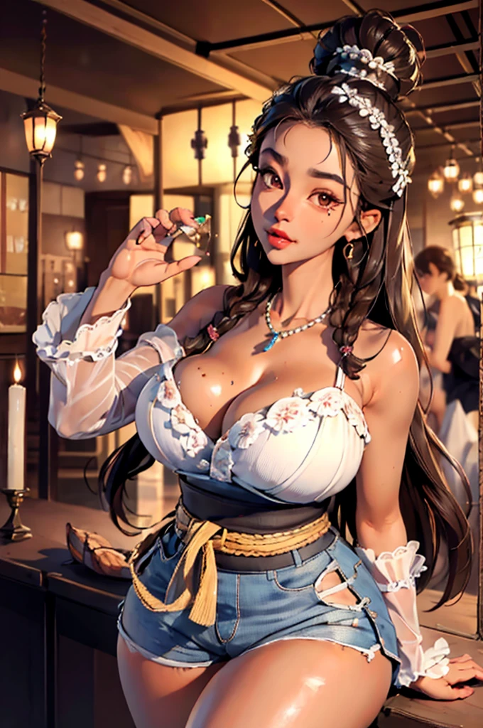 femboi, ((masterpiece)), (1 girl), (Lovely: 2.0), The facial details are extremely rich, charming expression, intense gaze, black double french braid, (Thin structure), japanese girl, The face is a bit round, tanned brown face, healthy face, big eyes, shorts, thin thighs, (Beautiful breasts、huge breasts:1.4,plump breasts), confident posture, Brutal, almond shaped eyes, Rich color palette,necklace,3d