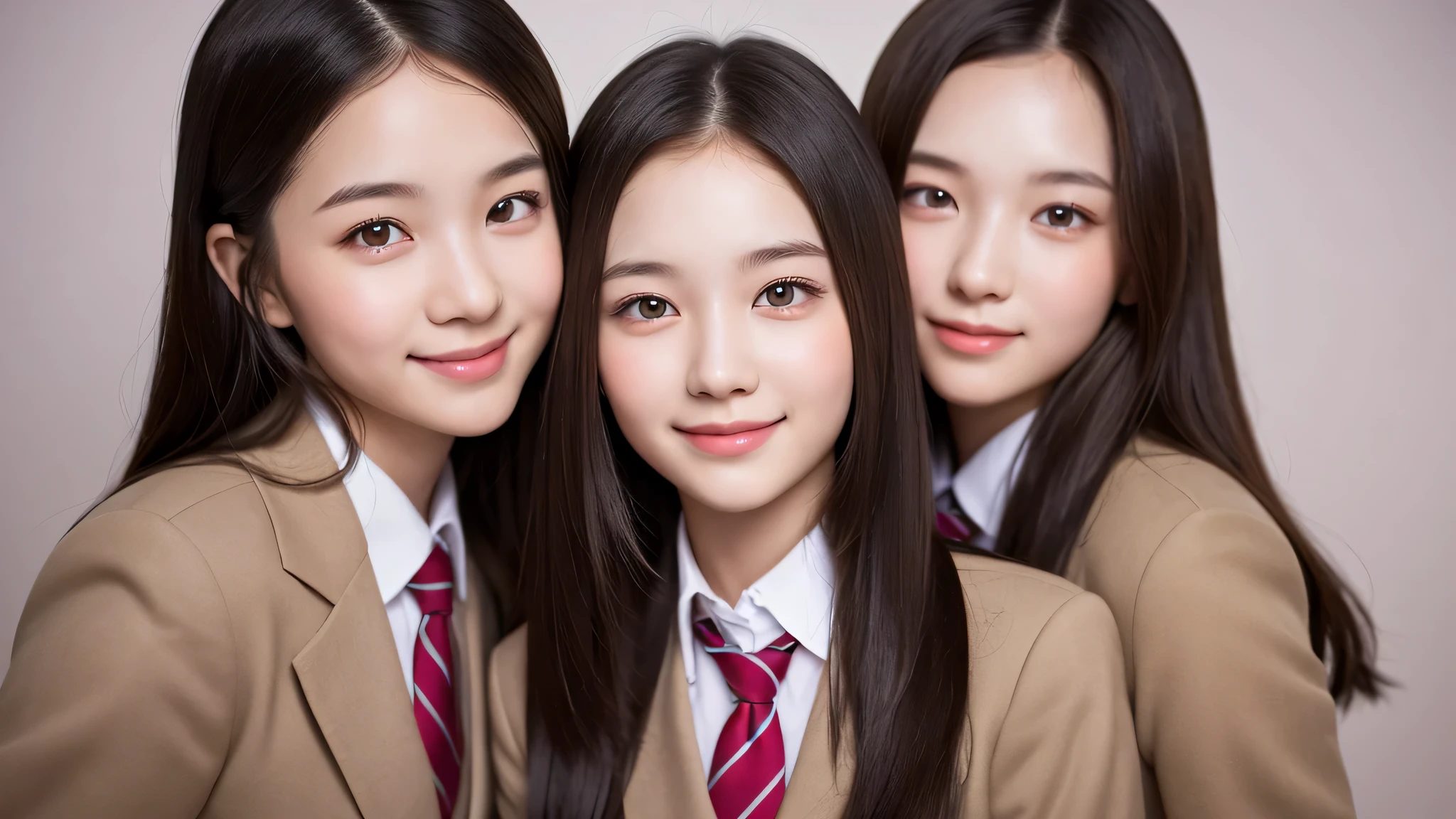 (Twins), 2girl, similar faces, beautiful girls, enchanting smile, (highly detailed eyes, highly detailed face), Fresh, very clean appearance, (hyper-realistic, hight resolution), (best Quality:1.4), Professional Photography, (high school uniform:1.2), focus on the face, 