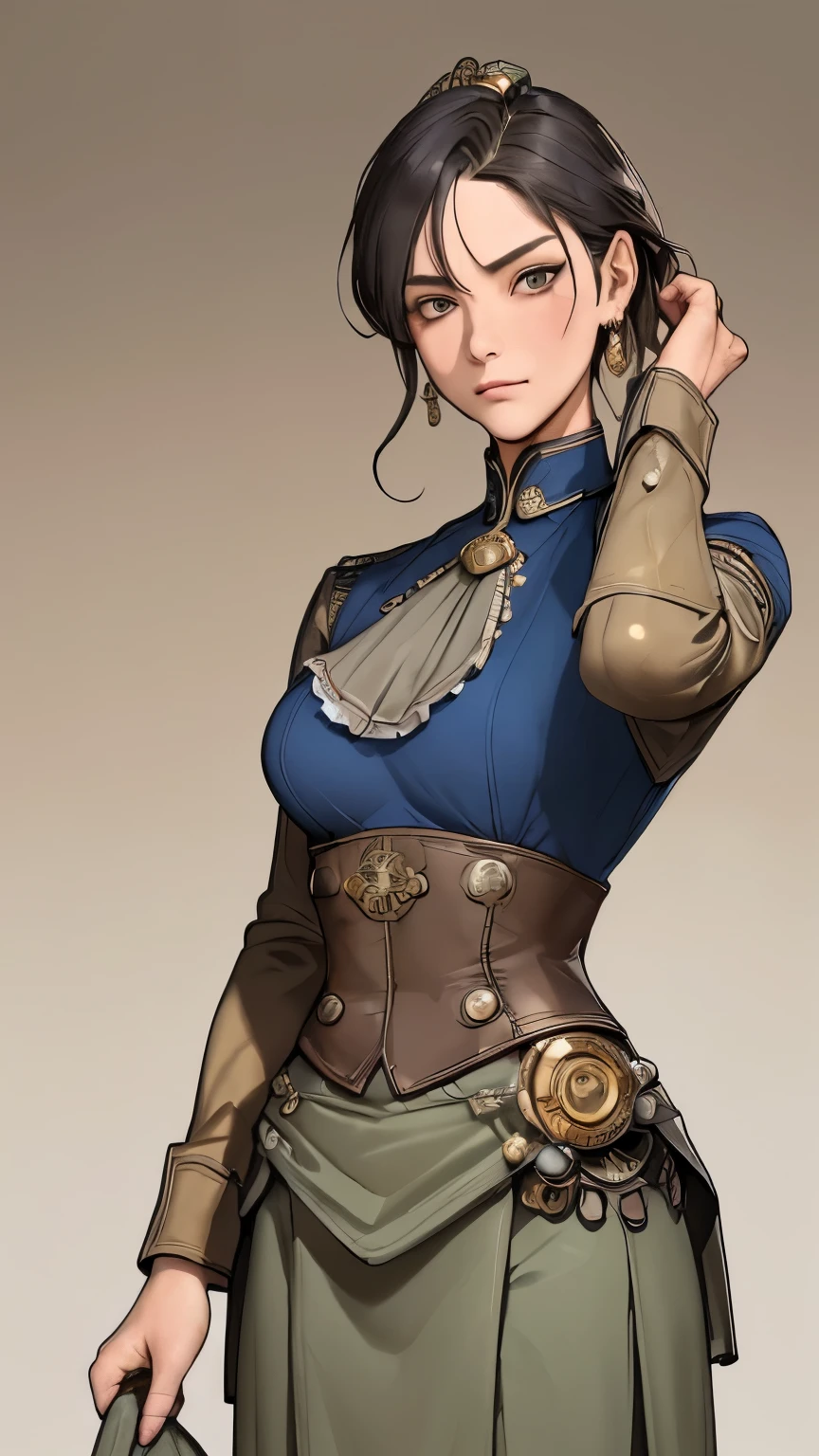 (masterpiece:1.3), (disorganized:1.3), (highest quality:1.3),(perfect anatomy:1.5),perfect finger,(detailed face), solo,1 middle age woman around 50 years old,(Steam Punk), (Victorian era),Old Hong kong,(Kowloon area),horizontal angle,((looking at viewer)), (Super detailed:1.3),(best shadow:0.7),(small breasts),ponytail hair,(baby bangs),fine eyes, beautiful eyes, 1 mature woman, ((saggy small breasts)),(musculr),alone, standing, crystal earrings,closed_mouth, arm_behind_return,Army officer uniform,insignia,pencil skirt,tie,rest outdoors, intimidating pose,cowboy shot