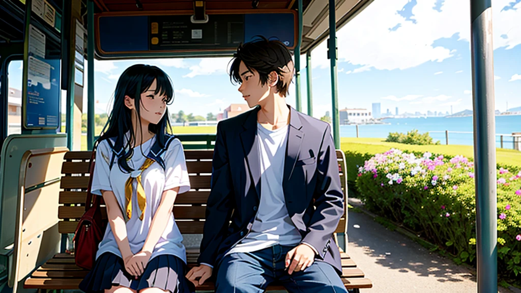masterpiece, best quality, highschool couple,(sitting on bench at bus stop),bus stop,sea view,old bus stop,rural,sunny day,(long shot),(Illustrated by Seizou Watase), beautiful lighting,looking away,(photographic portrait),