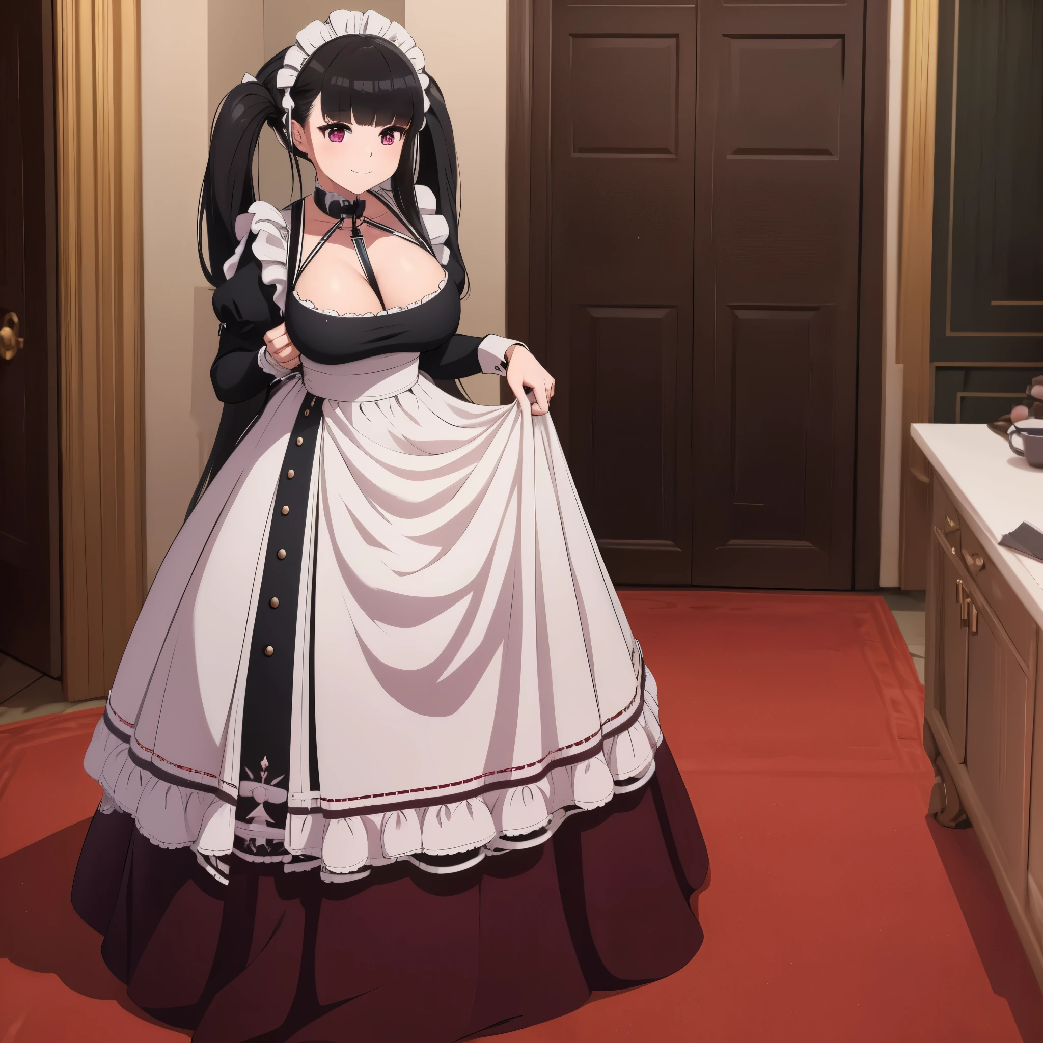 A woman wearing a maid dress, long skirt, holding a mop, full body, long stockings, long black hair, long pigtails, burgundy eyes, big breasts, smiling, in a modern room.HDR, masterpiece, well defined, ultra resolution, high quality, 8k HD. (just a woman, solo)
