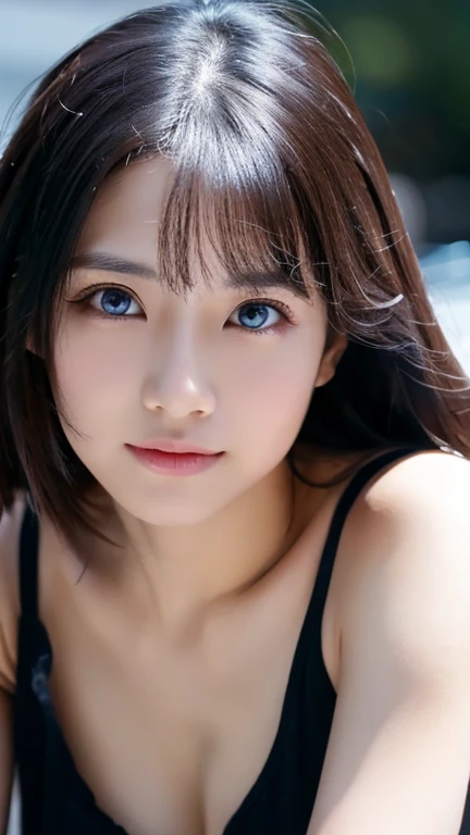 Please generate an image of a beautiful girl with a straight nose.。She has deep blue eyeysterious and mystical atmosphere、Wearing a black dress。Her hair is white、Its appearance is a mysterious presence that is reminiscent of the devil.。