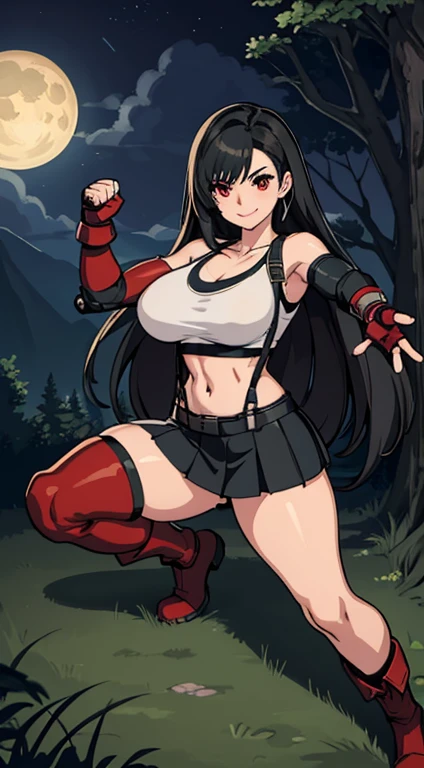 best quality, ultra-detailed, high resolution, anime style, cell shading, detailed, dynamic lighting, beautiful detailed eyes, Tifa Lockhart, final fantasy vii remake, white crop top, elbow pad, fingerless gloves, suspenders, very short pleated miniskirt, red boots, dynamic pose, red eyes, serious, smile, fighting stance, sparring, (Background: Outdoors, in the forest, night, moon light luminating on the forest floor)
