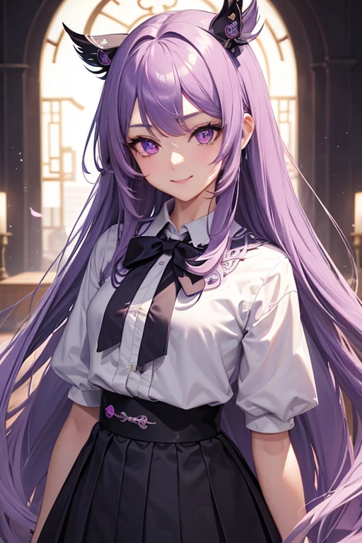 4K, (masterpiece), best quality, 2d, (teen anime school girl), light purple long hair, Light purple eyes, Smile, Total height, clear eyes, black eyelashes, (intricate details), dramatic, Xin Haicheng,