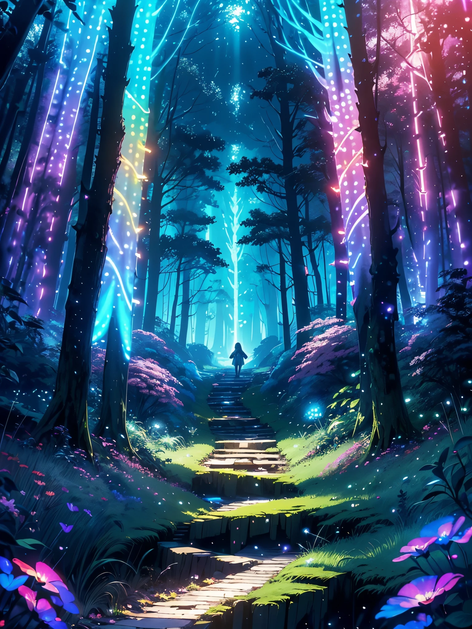 path with steps curving towards the sky, (((an enchanted forest, with sinister trees smiling in the dark, glowing eyes among the bushes, fairies and neon fireflies flying across the view))), forest with rose flowers of various colors , {extremely detailed 16k CG unit wallpaper}, expansive landscape photography, (a low angle view focusing on the character and the sky above), (wide open field view), (low angle shot), ( high light: 1.1), (low light: 1.5), (warm light source: 1.2), complex details, (iridescent colors: 1.5), (bright lighting), (atmospheric lighting), dreamy, unique, fairy tale
