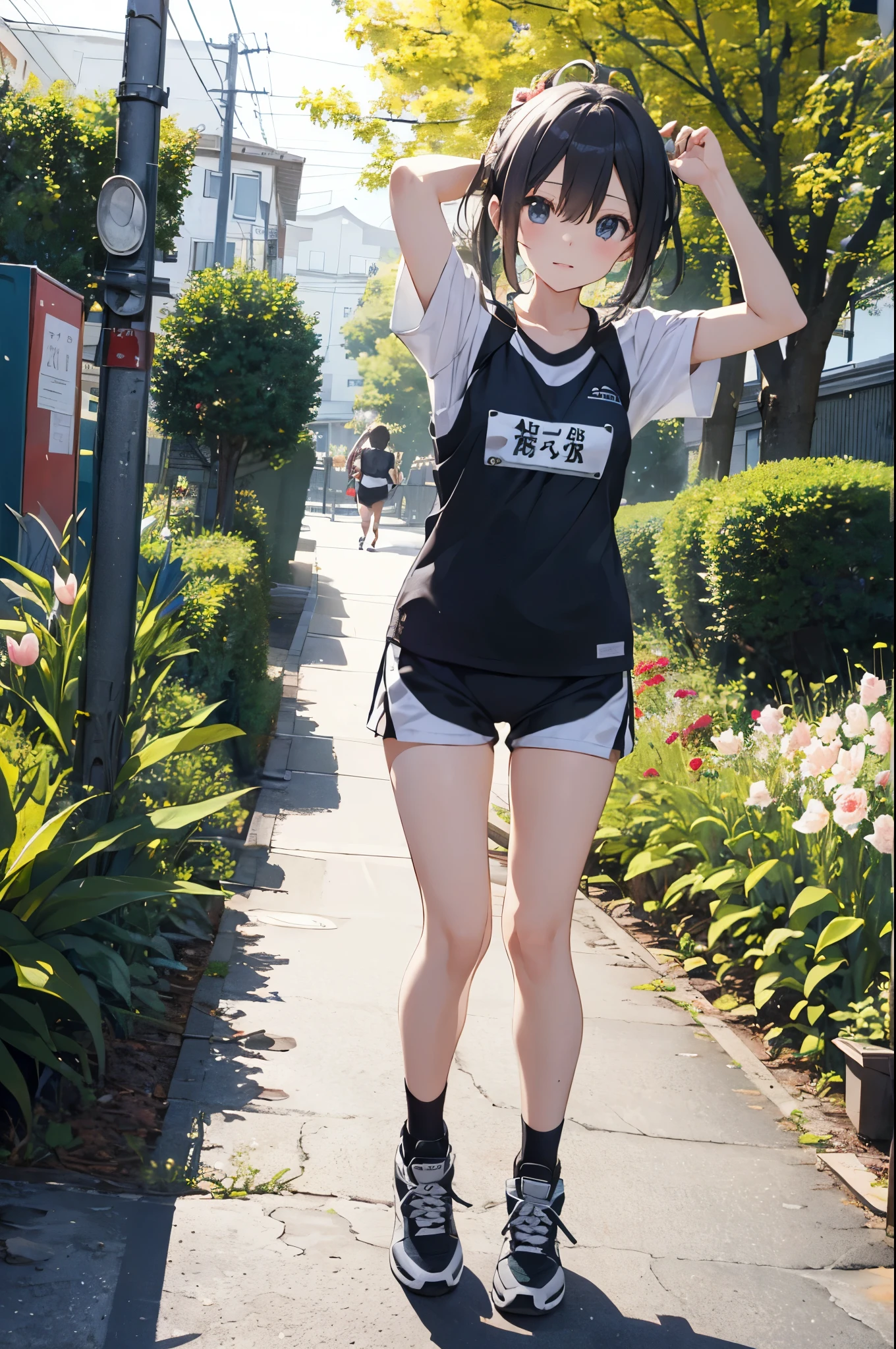 （Pretty sister:1.3）、spring atmosphere、morning、aggressive、garden、runningウェア、running