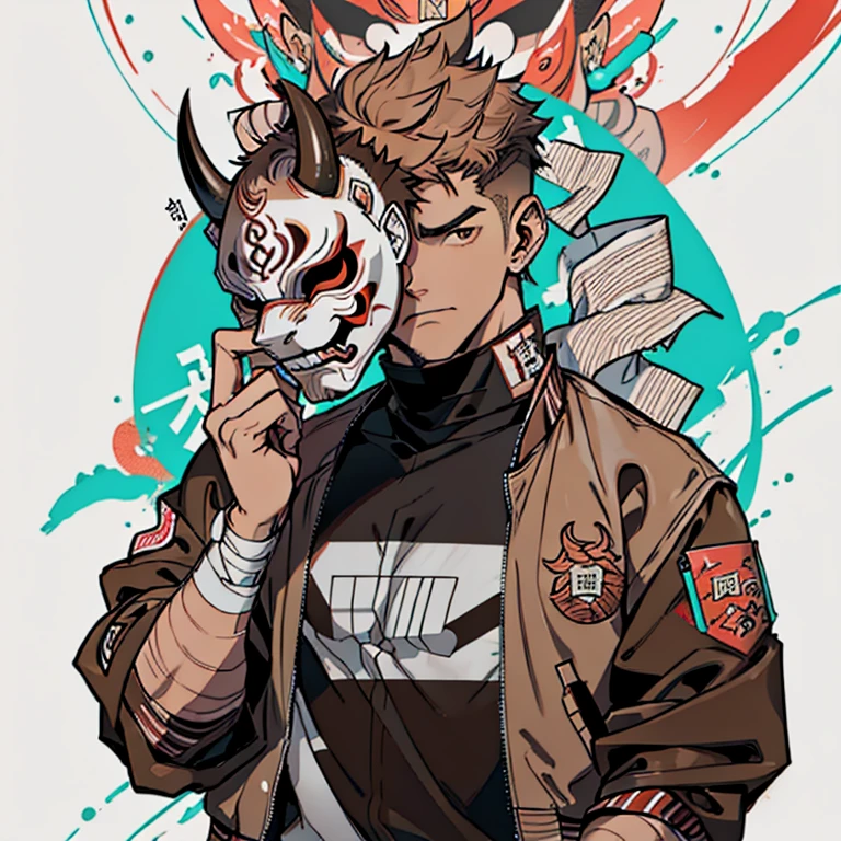  human Male  19 years old  , ((Brown fade haircut)) , ((  oni mask )) ,Gray shirt  ,,((holding mask)) , Bandage , ((wearing varsity Jacket ))